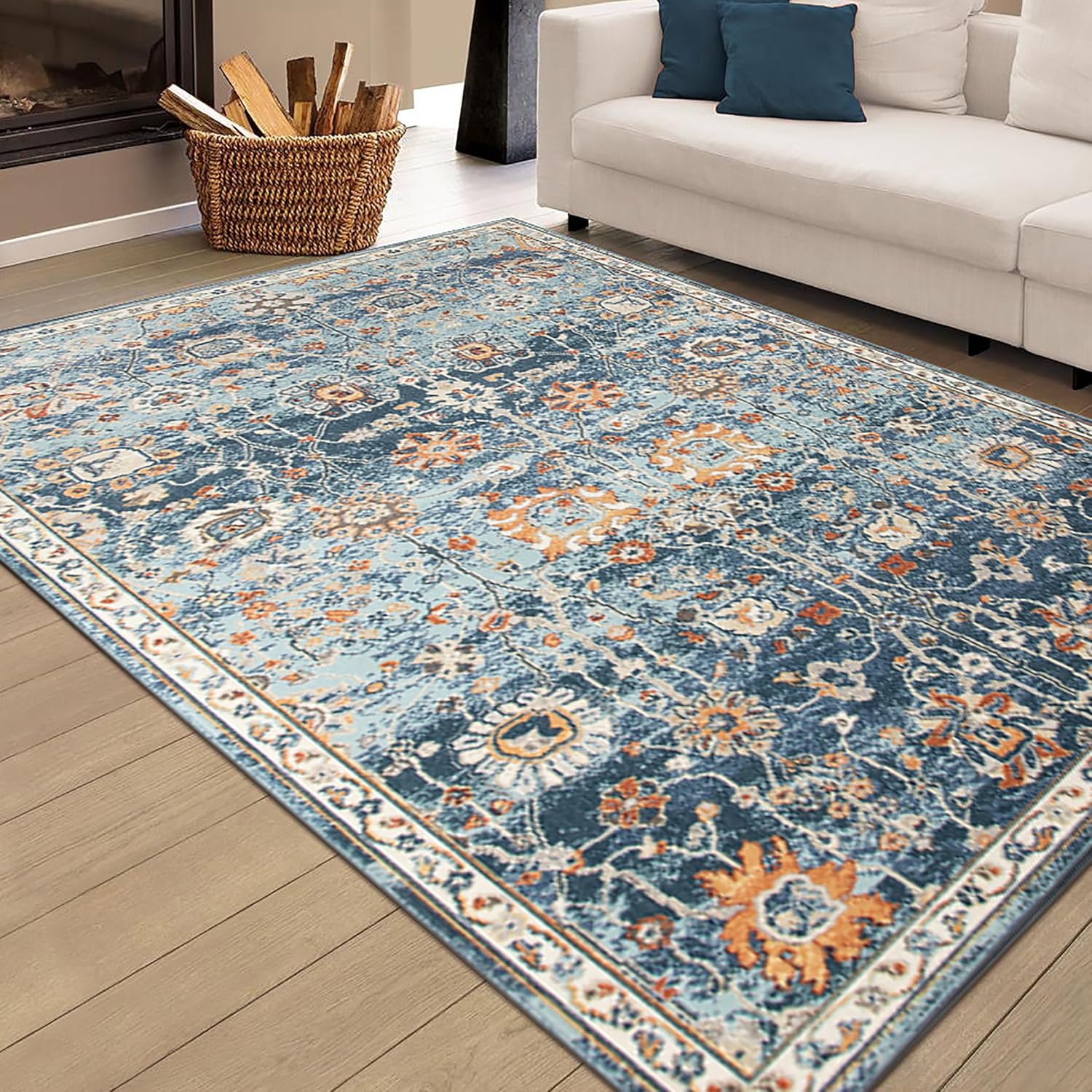 Bohemian Blue and Beige Synthetic 5' x 7' Area Rug
