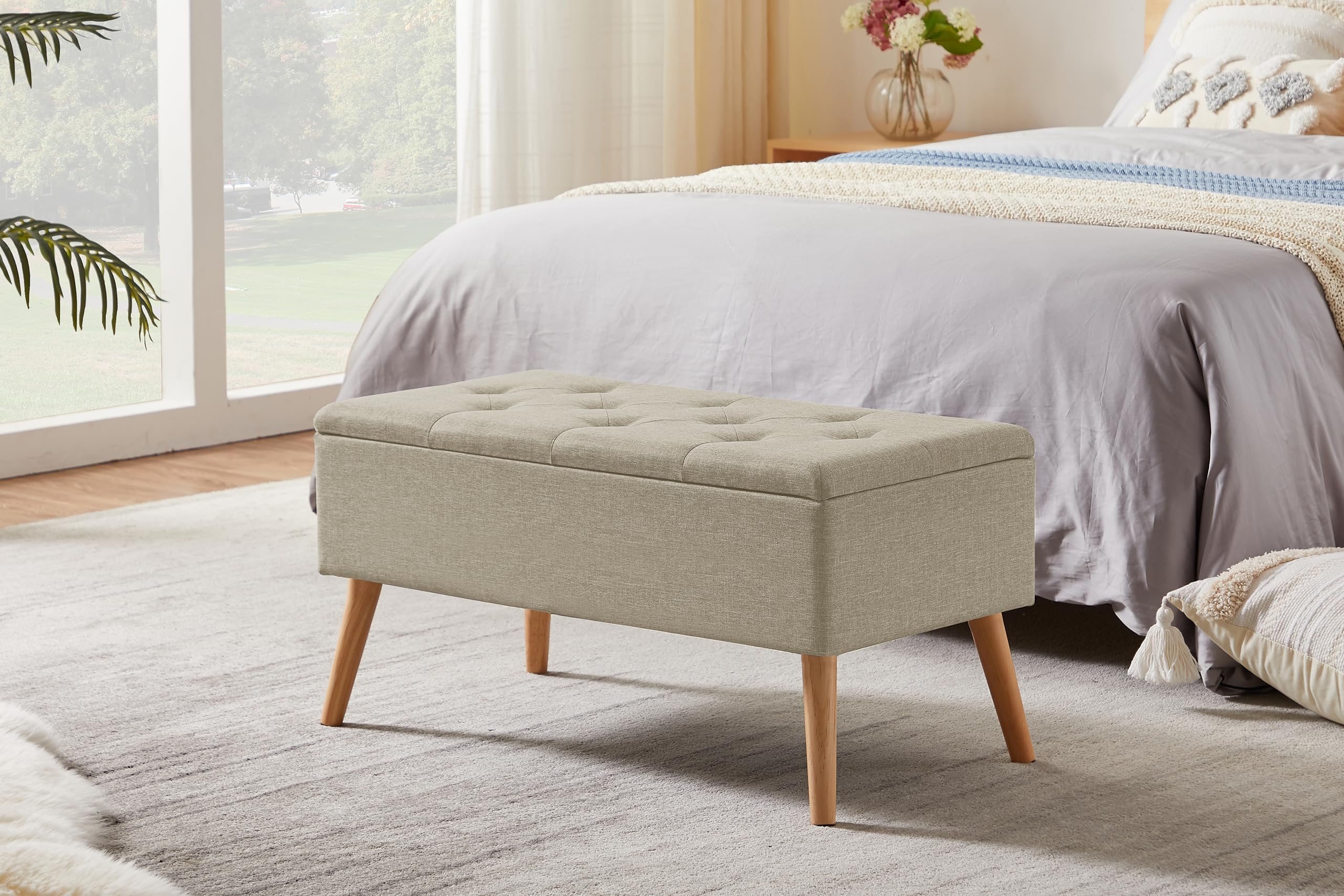 Zedelmaier Sitzbank mit Stauraum Sitztruhen Footstool Aufbewahrungsbox Stuhl Polstersitz aus Leinen Moderne Möbel (Beige Leinen)