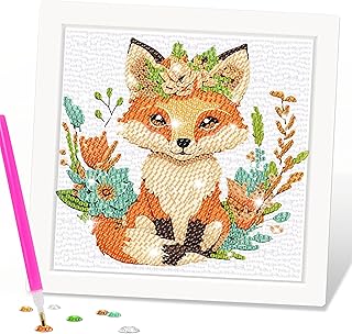 Mlife Diamond Art Painting Kits for Kids with Frame Art and Crafts for Kids, Diamond Art Kits for Kid Ages 4-8-12, Cartoon Art Kit for Child,Adult Beginner,DIY,Gift,Home Decoration(Fox Flower)