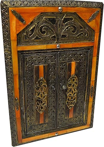 Miniatura 4 de Treasures Of Morocco Espejo de hueso de camello marroquí hecho a mano Base de madera con puertas naranja