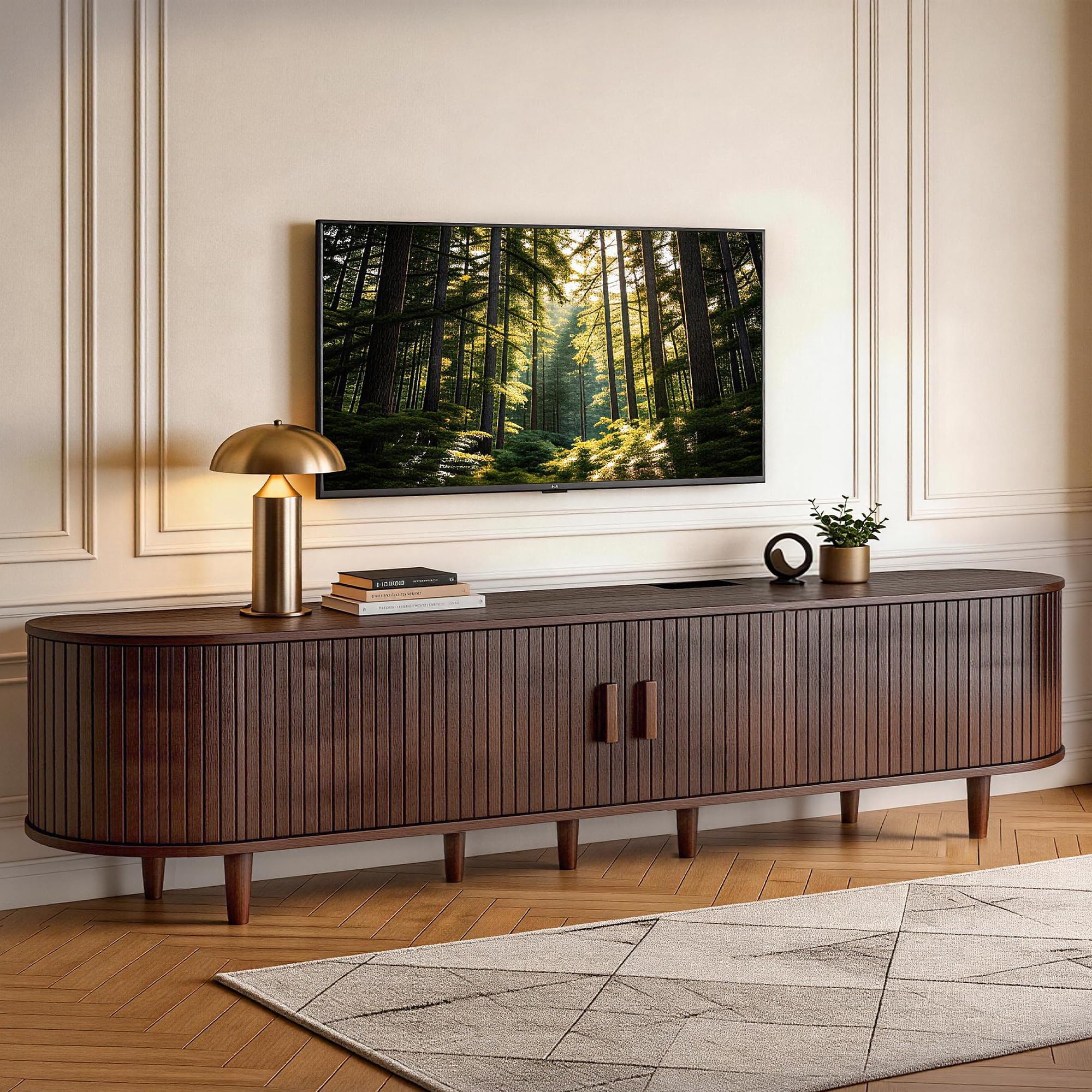 Photo 1 of MXV 80" TV Stand with Sliding Doors for Living Room, Mid Century Modern Entertainment Center, TV Console with Fluted Door Cabinets and Power Outlet, Walnut