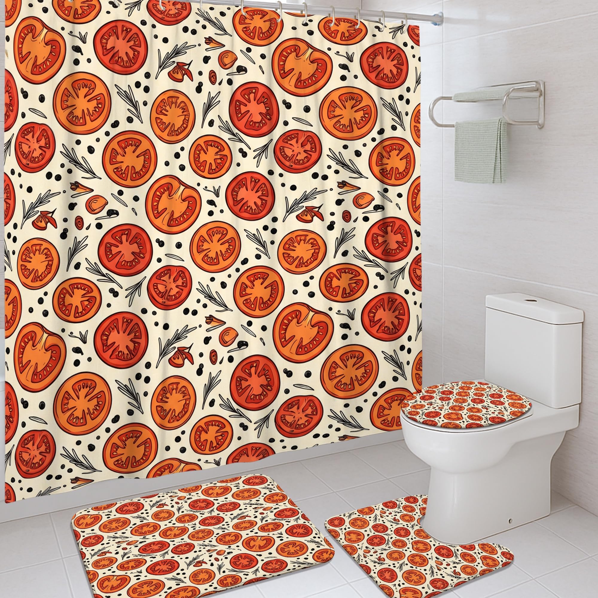 Rideau de douche anti éclaboussures et tapis de bain lavable motif fruits pour appartement