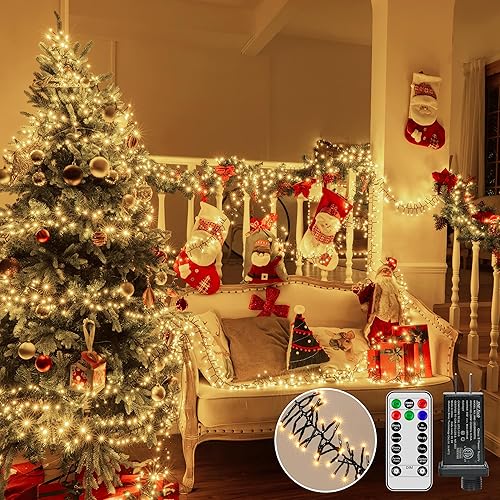 Miniatura 9 de 1200 luces LED de Navidad de 394 pies para exteriores, luces blancas cálidas para árbol de Navidad, enchufables, 8 modos de luz parpadeante para