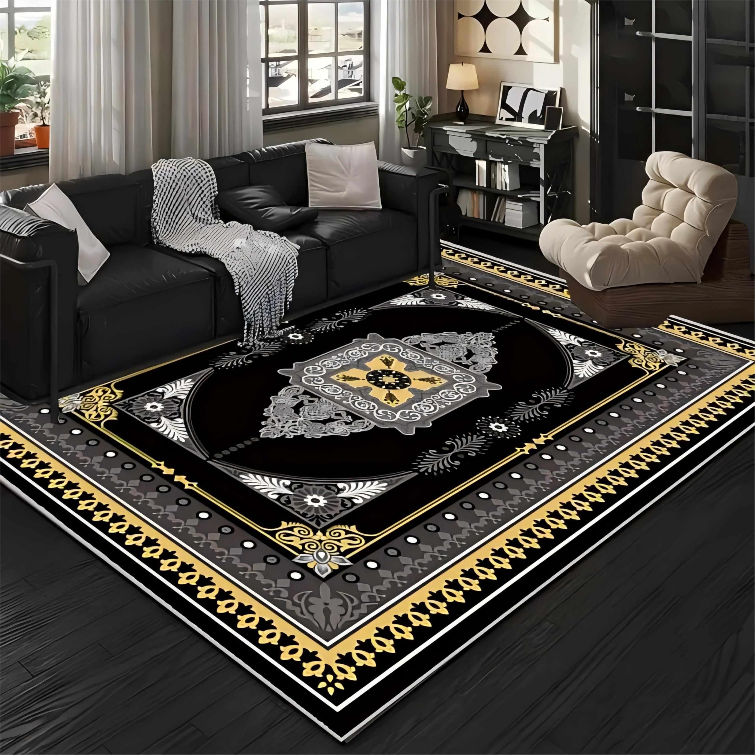Kuluoits Bohemian Style Area Rug, 80x150cm, Luxury Black Gold Ethnic Floral Washable Carpet, Soft Non-Slip Home Interior Decorative Rugs for Living Room Bedroom Apartment Dining room Durable Rugs