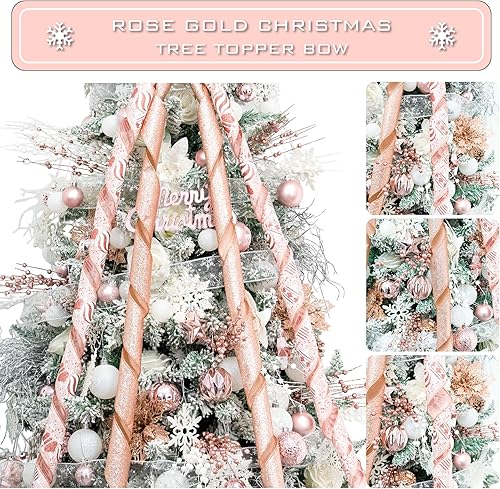 Miniatura 3 de Hismir Decoración para árbol de Navidad con lazo de purpurina de 53 x 13 pulgadas con serpentina de cinta, copo de nieve rosa y dorado rosa