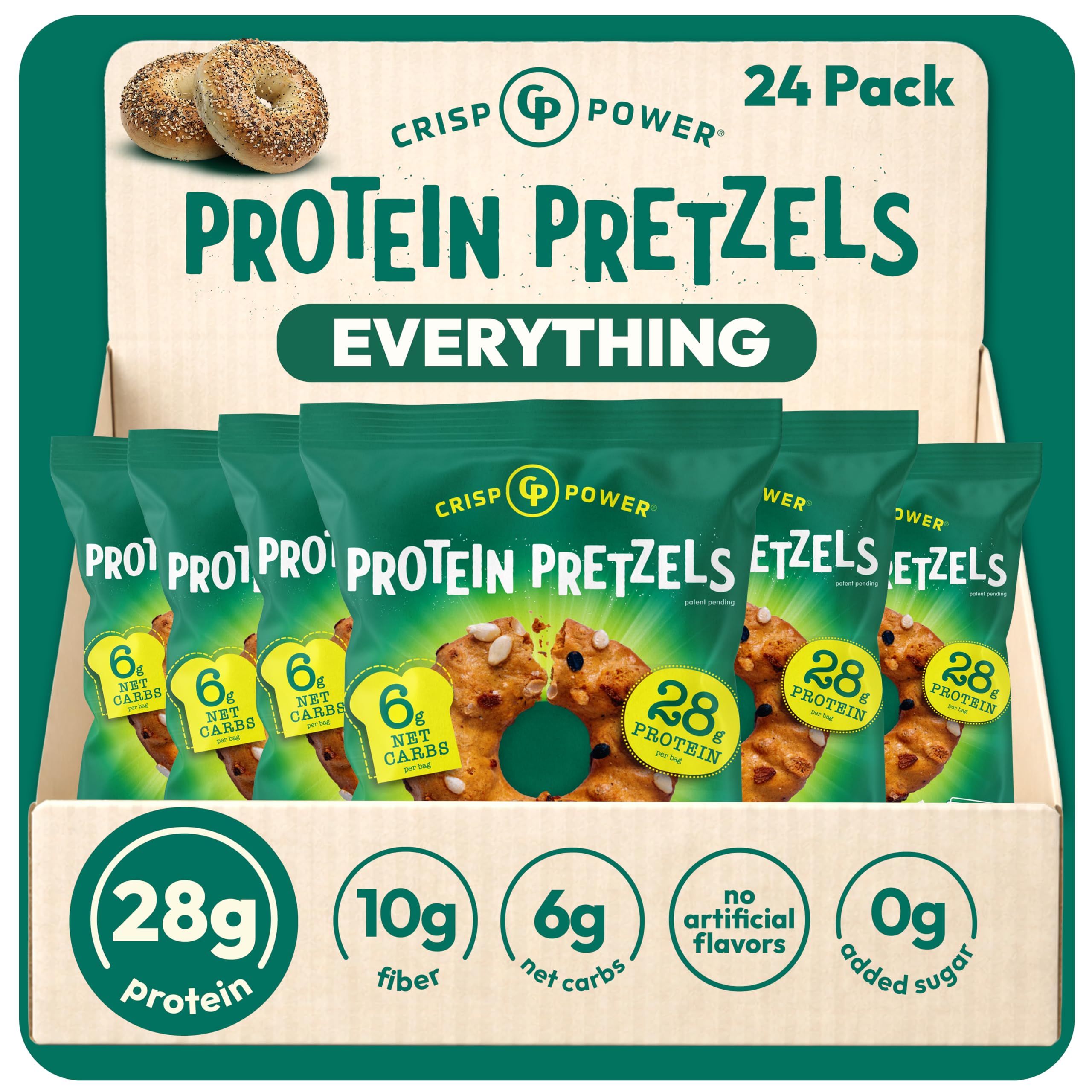 CRISP POWER Protein Pretzels, Everything, 28G Protein, High Protein Snack, High Fiber, Low Carb Crunchy Pretzel Snacks, No Added Sugar, 1.75 oz Bags,