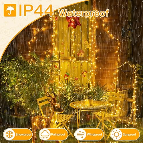 Miniatura 5 de Ollny Tira de luces para exteriores, 200 luces LED de 60 pies, luz blanca cálida conectable, 8 modos IP44, temporizador impermeable, luces de