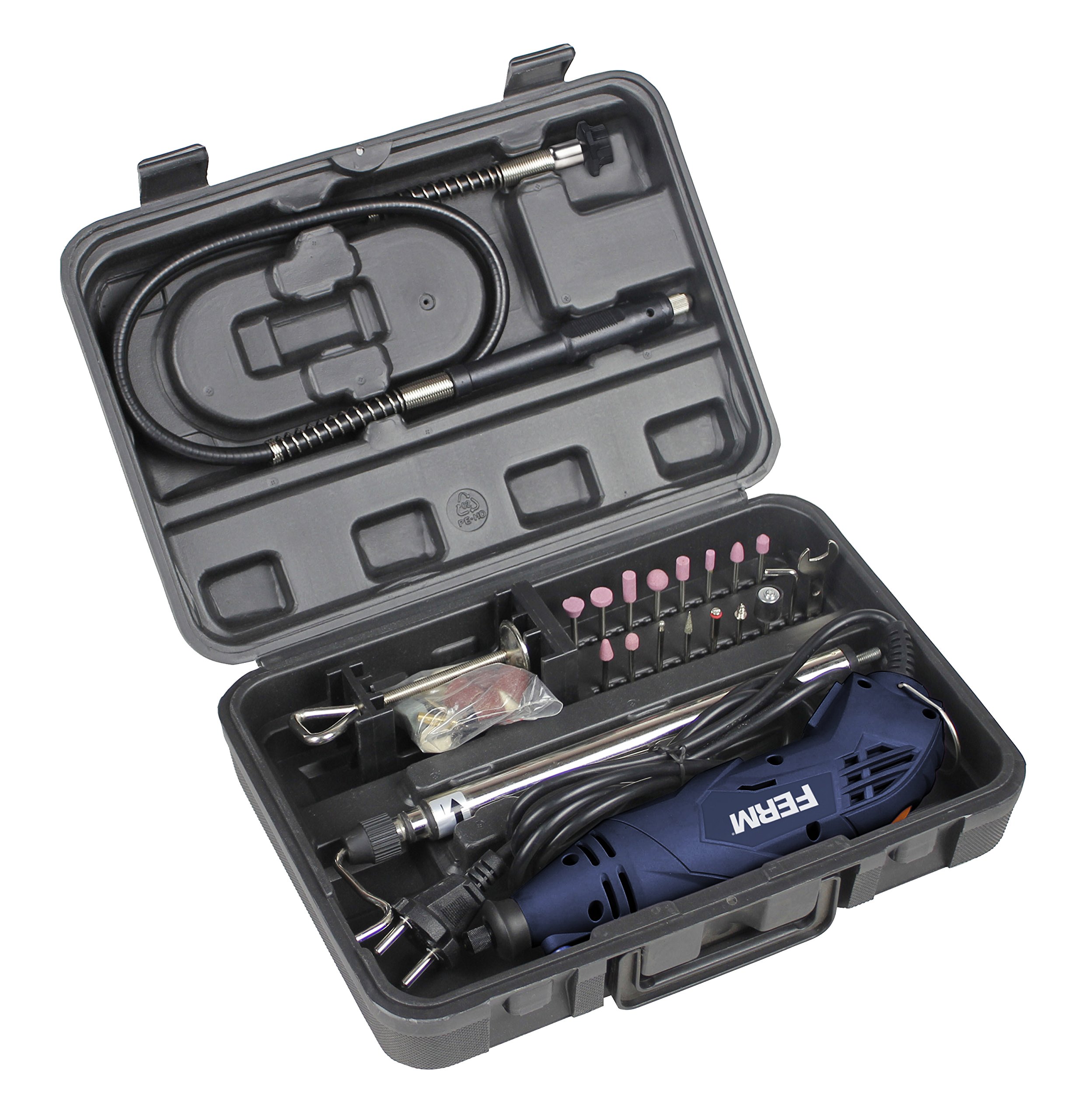 FERM Utensile multifunzione 160W con albero flessibile e supporto da tavolo – Velocità variabile – 40 accessori – In valigetta