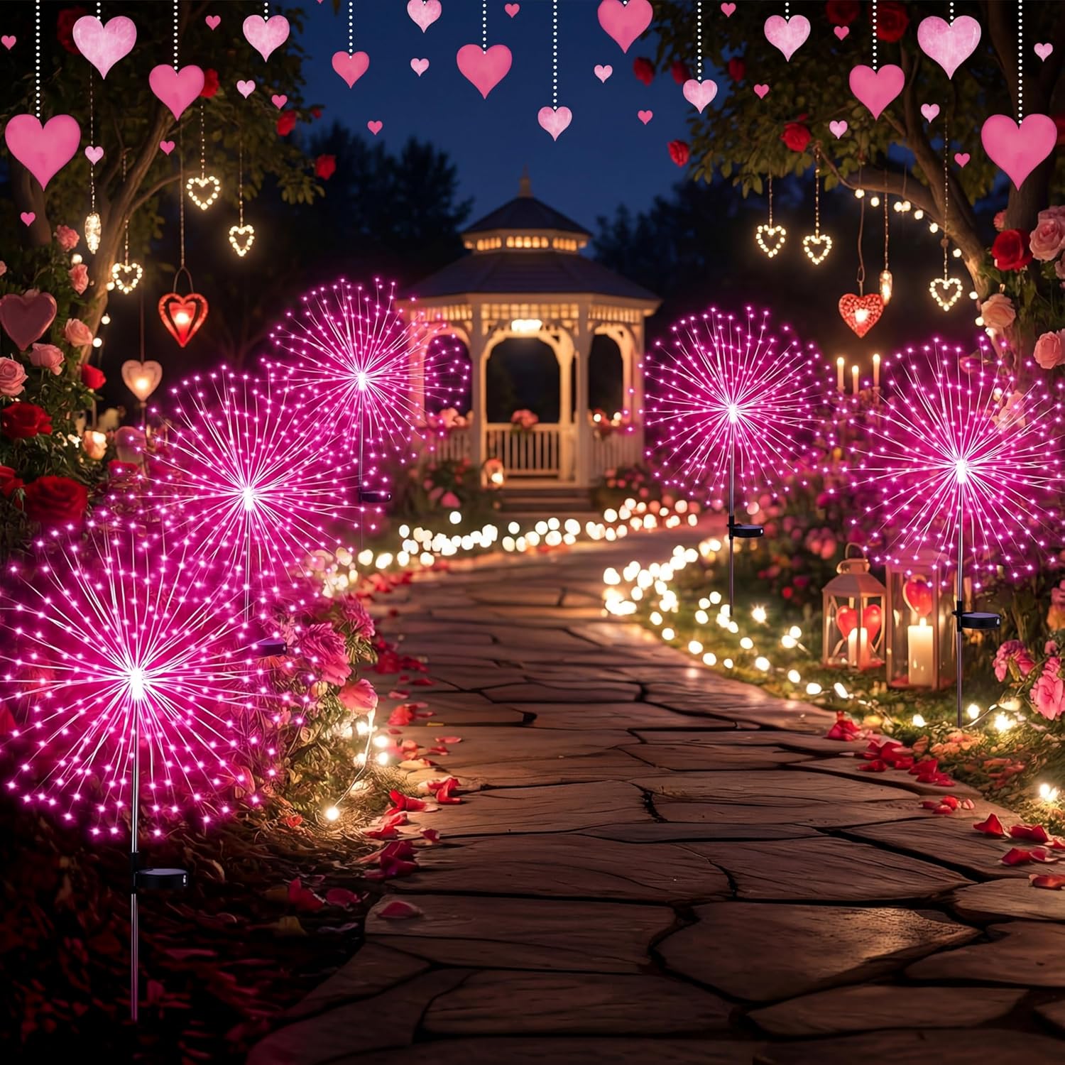Tujoe 4 Pcs Valentine's Day Solar Lights Outdoor Pink Solar Firework Lights Decoration 180 LEDs 8 Modes Waterproof Valentine LED Stake Sparkler for Walkway Pathway Driveway Garden Yard Lawn Path(Pink)
