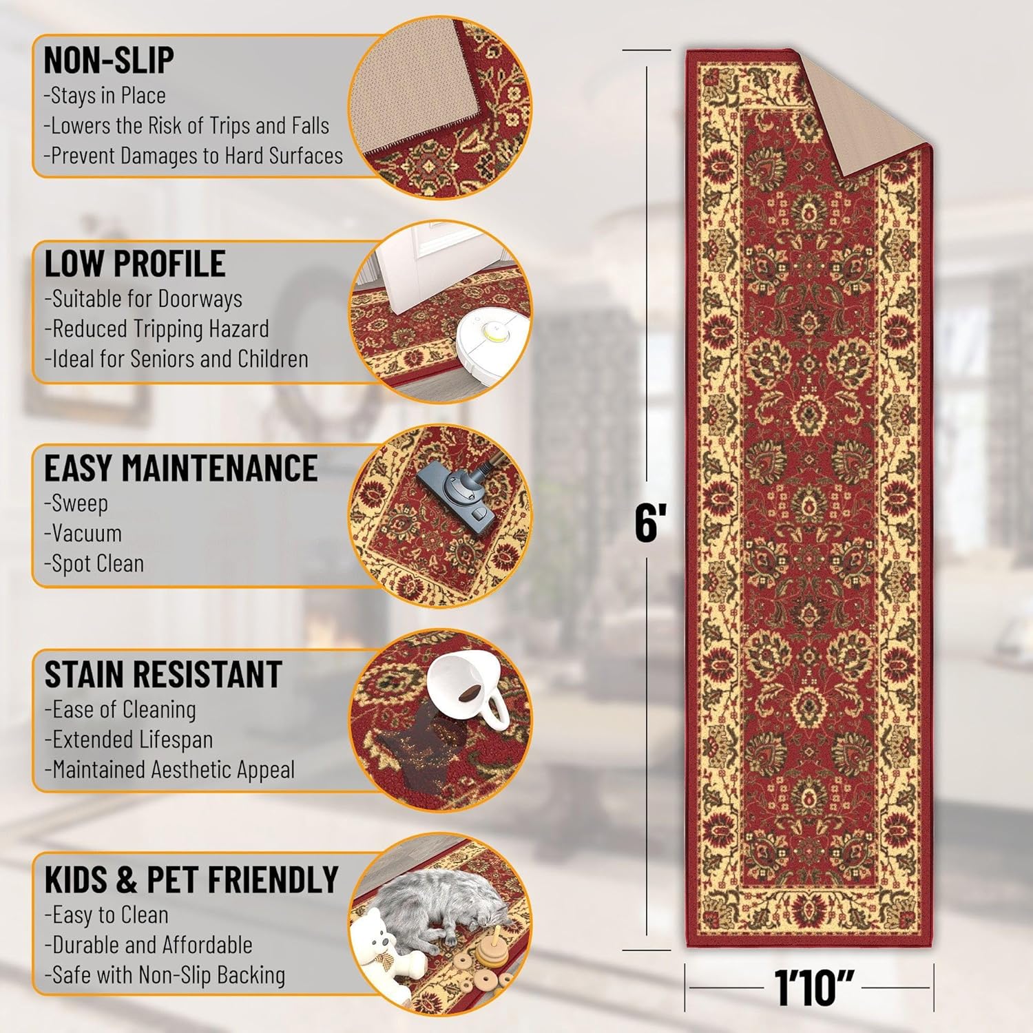 Ottomanson Hallway Runner Rug 1'10" x 6' Non Slip Oriental Area Rugs Easy to Clean Laundry Rug Runner Durable & Pet Friendly Floor Carpet Runners for Hallways Entryway Living Room Kitchen, Red