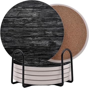 Dark Gray Black Wood Grain Round Coasters Set of 6 - Abosrbent Ceramic Coasters with Metal Stand for Drinks, Coffee, Non-Slip Cork Back for Tabletop Protection, 4 Inches Marbled Pattern Black Wood
