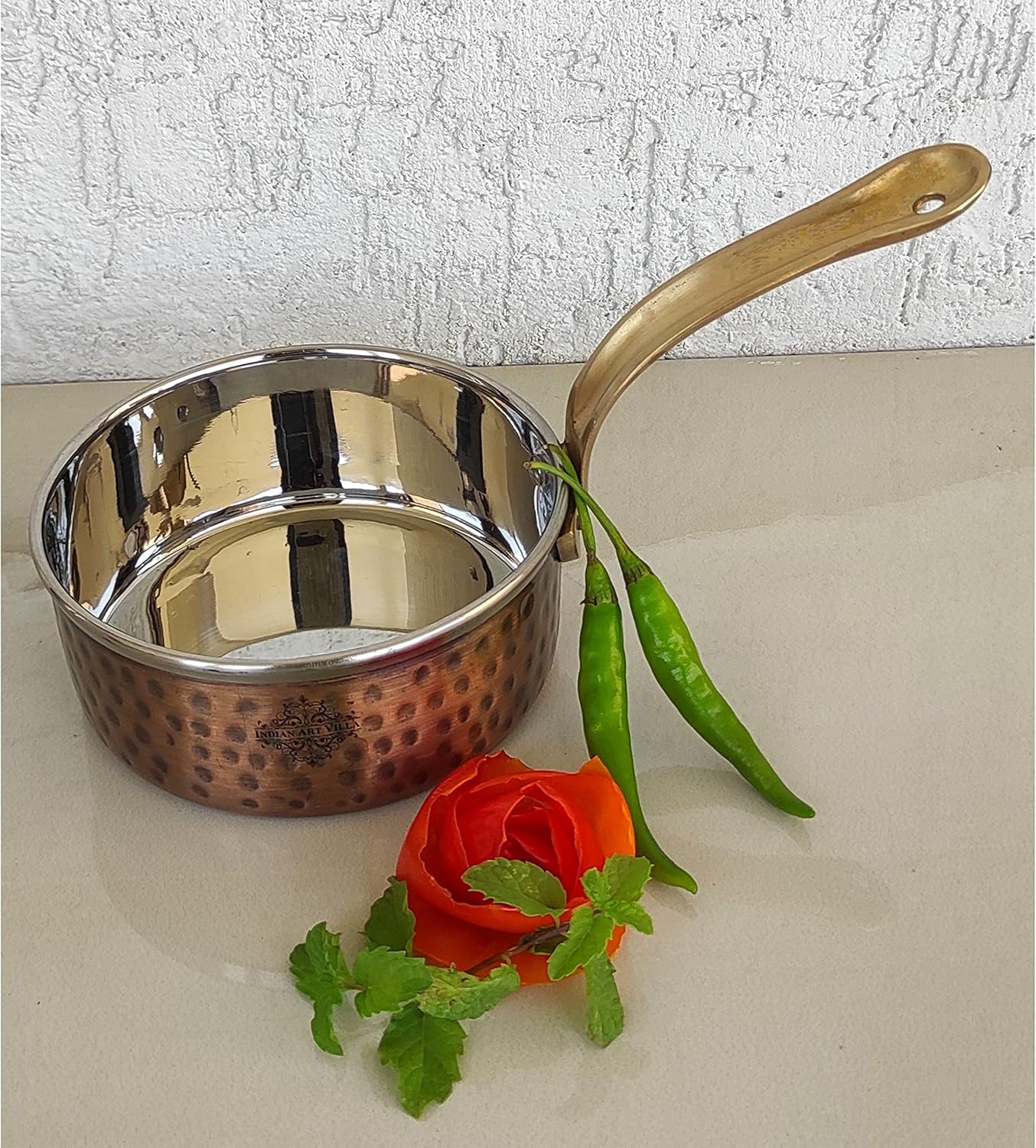 Indian Art Villa Steel Copper Antique Dark Tone Design Sauce Pan with Brass Handle, Serveware & Tableware, Hotel Restaurant, Diameter 4.5 Inch - Pack Of 2