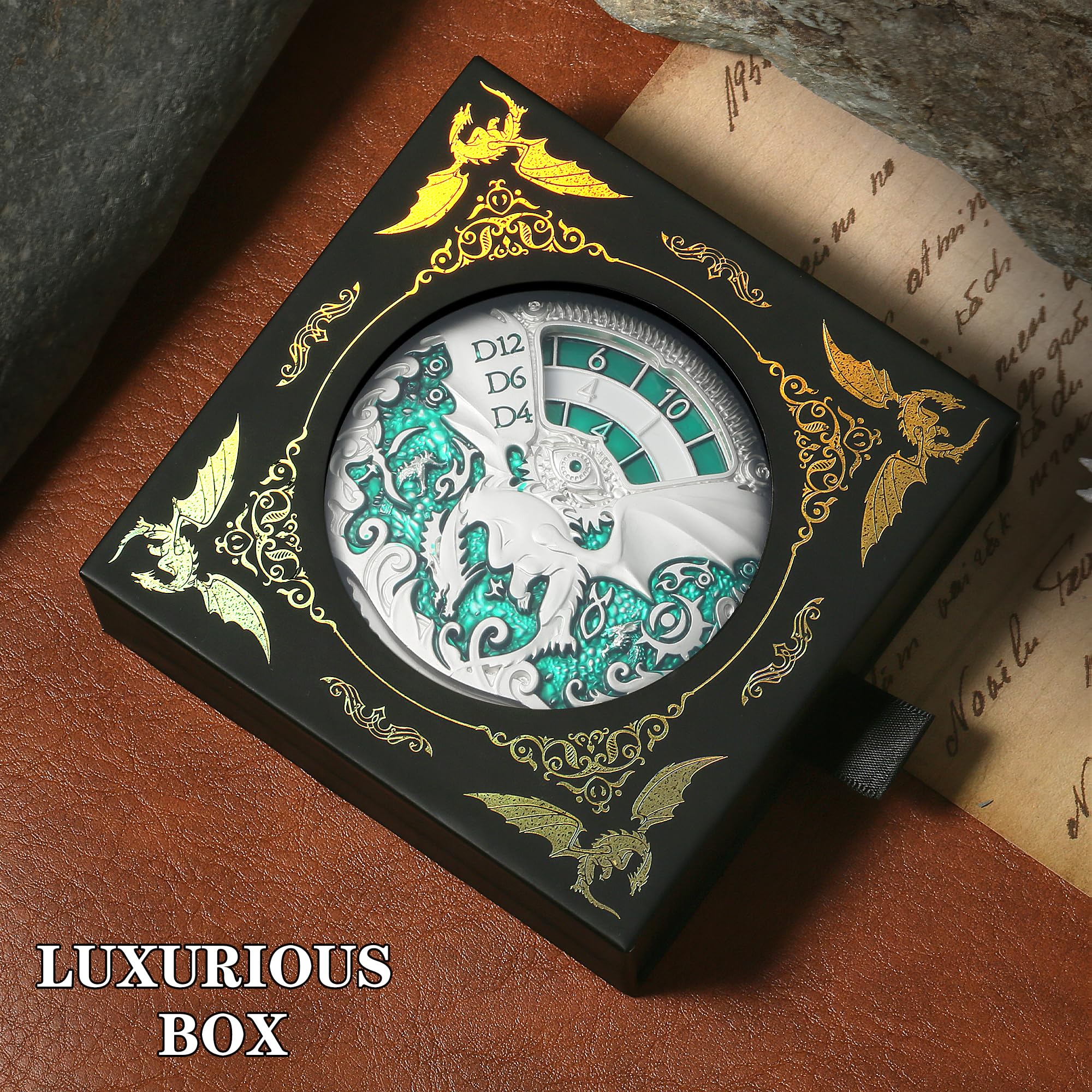 DNDND Jeu de dés DND en métal 7 en 1 avec superbe coffret cadeau pour donjons, dragon et jeu de table (argenté et vert)