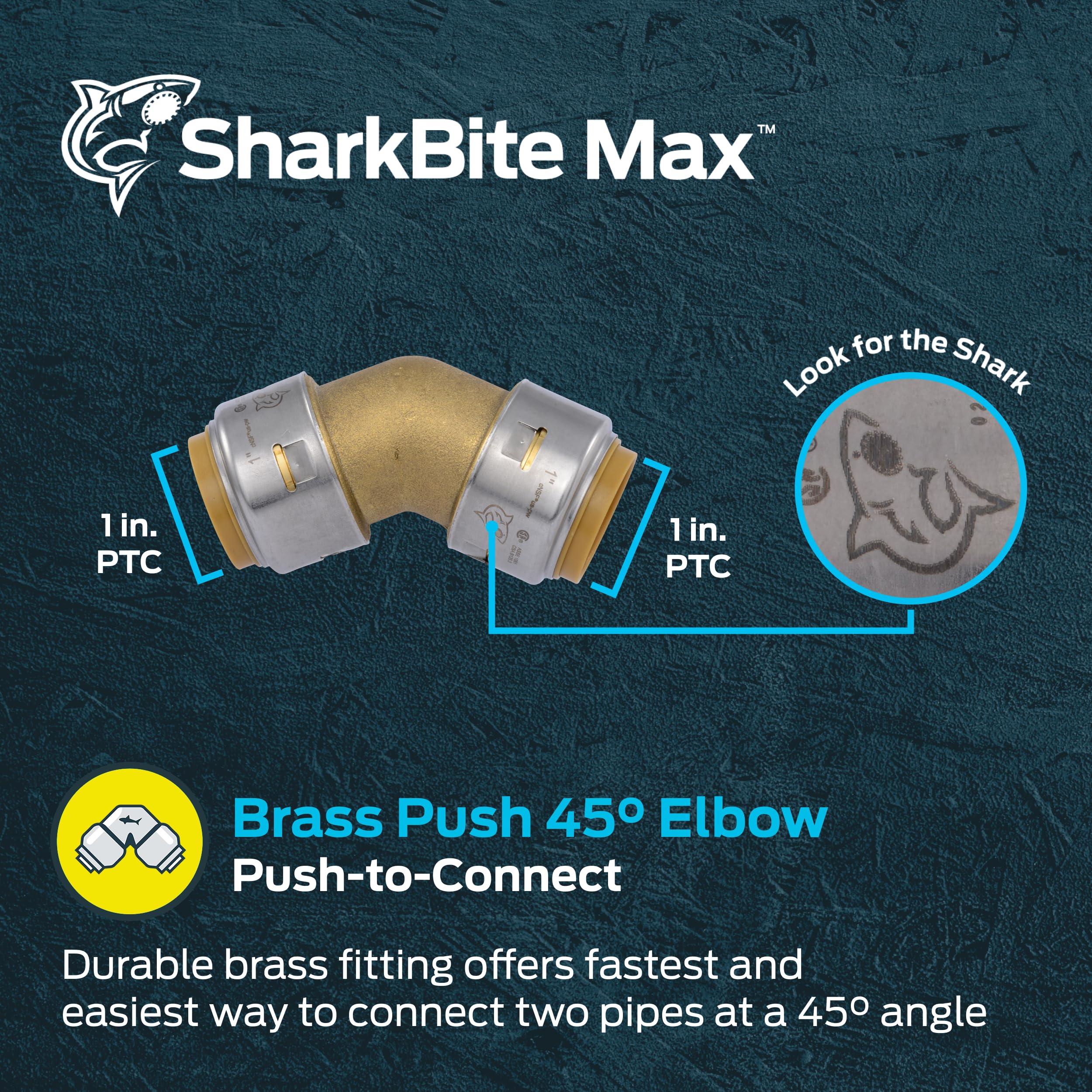 SharkBite Codo máximo de 1 pulgada de 45 grados, empuje para conectar el accesorio de fontanería de latón, tubo PEX, cobre, CPVC, PE-RT, HDPE, UR660A