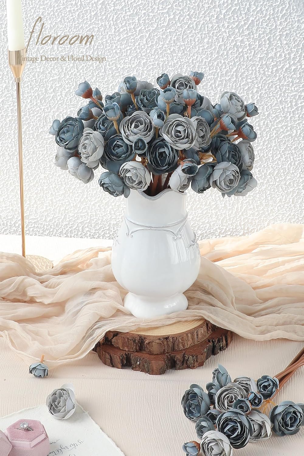 Floroom Ranunculus Artificial Flowers 18 Pcs Dusty Blue Faux Silk Mini Ranunculus Bulk Fake Wedding Filler Flowers for DIY Bouquets, Centerpieces, Bridal Shower Decorations & Arrangements - Image 2