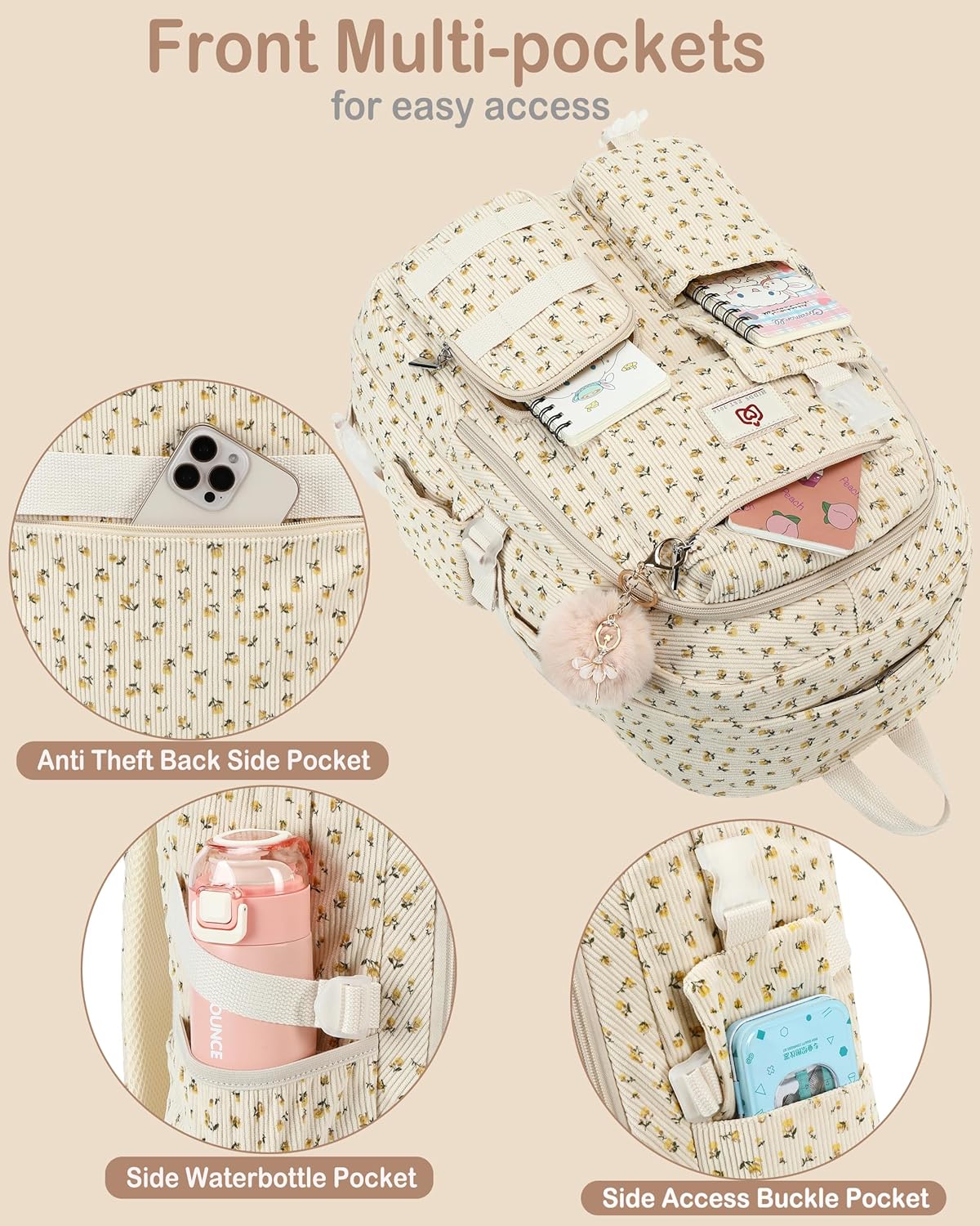 Hidds School Backpack for Teens Girls Women 15.6 Inch Laptop College Backpacks Corduroy Work Bag Kids Elementary Middle High Campus Bookbag Students Anti Theft Travel Daypack Womens - Beige Floral - Image 4