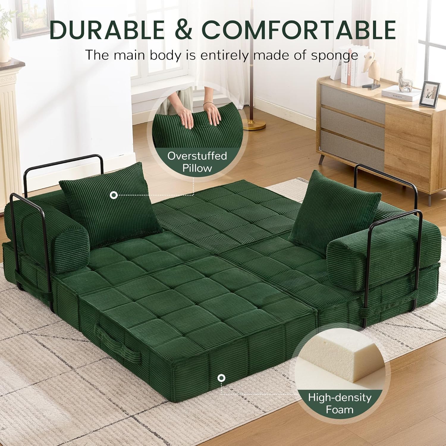 6-in-1 Convertible Sleeper Sofa Bed, Corduroy Folding Mattress Couch with Fixed-Shape Frame, Modular Foldable Boneless Couch, Loveseat Couches with 2 Pillows, for Living Room, Bedroom, Green