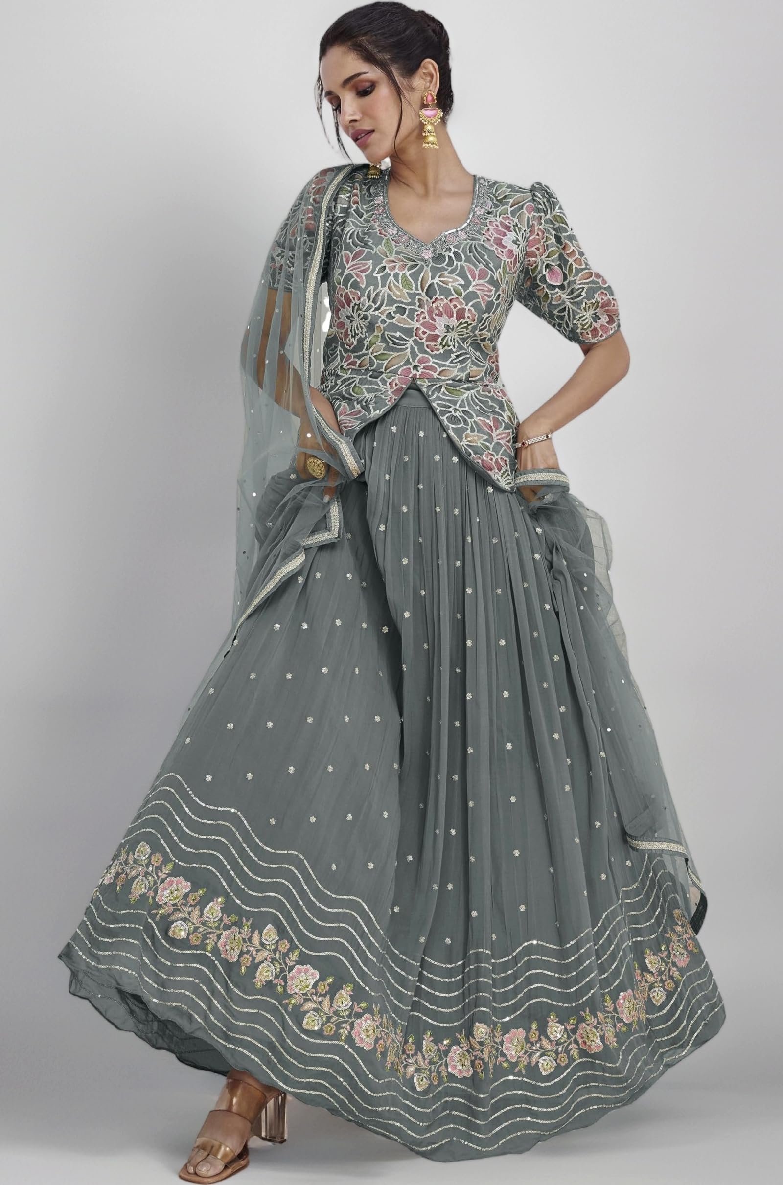 Sophisticated Grey Embroidered Lehenga Choli Set (ME-1172)