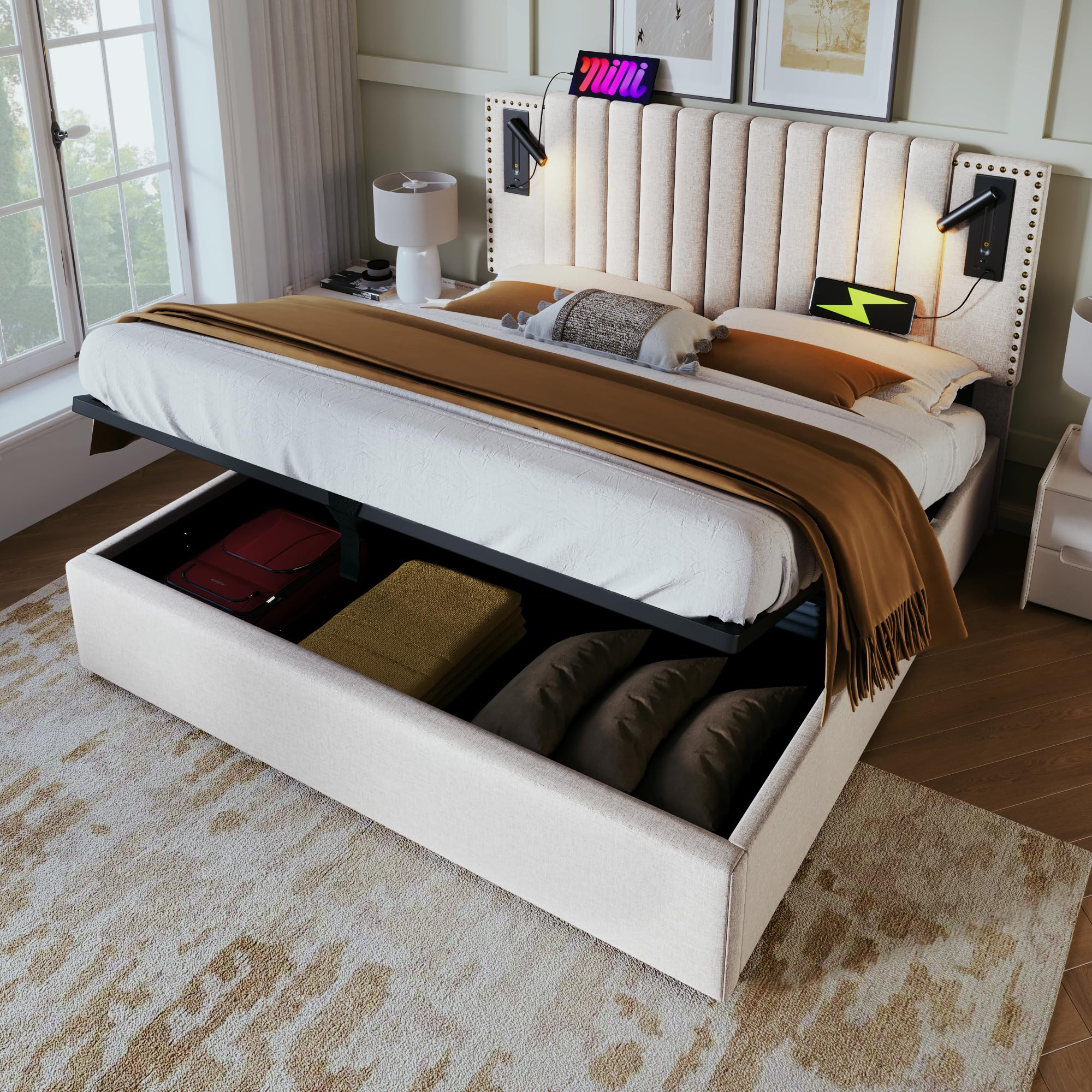 Huayz Letto imbottito 140 x 200 cm, rete a doghe e testiera, letto a LED, letto per ragazzi con 4 cassetti, per adulti e ragazzi, funzione di