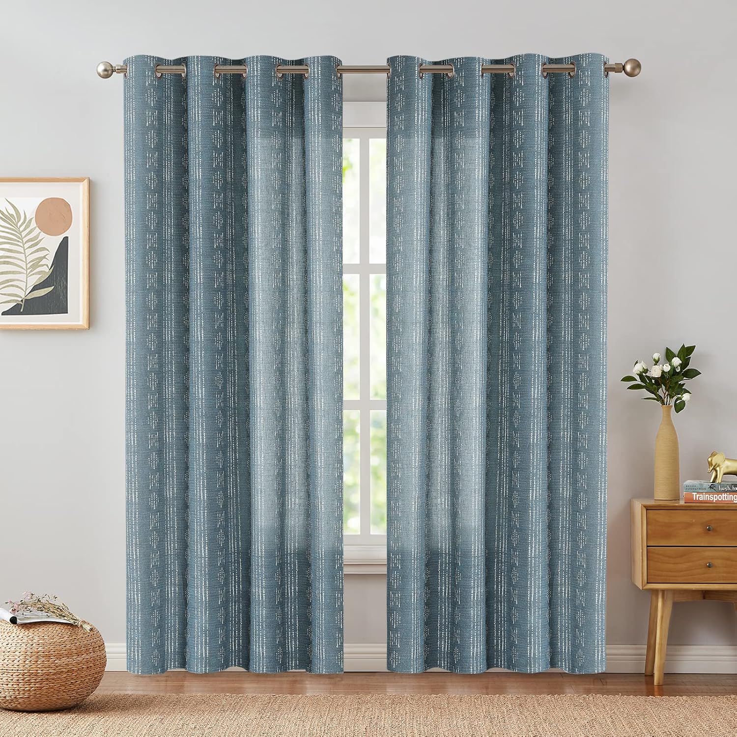 jinchan Boho Curtains for Living Room Blue Farmhouse Boho Curtains 84 Inches Long Geometric Striped Mudcloth Light Filtering Bedroom Window Grommet Curtains 2 Panels Blue on Beige