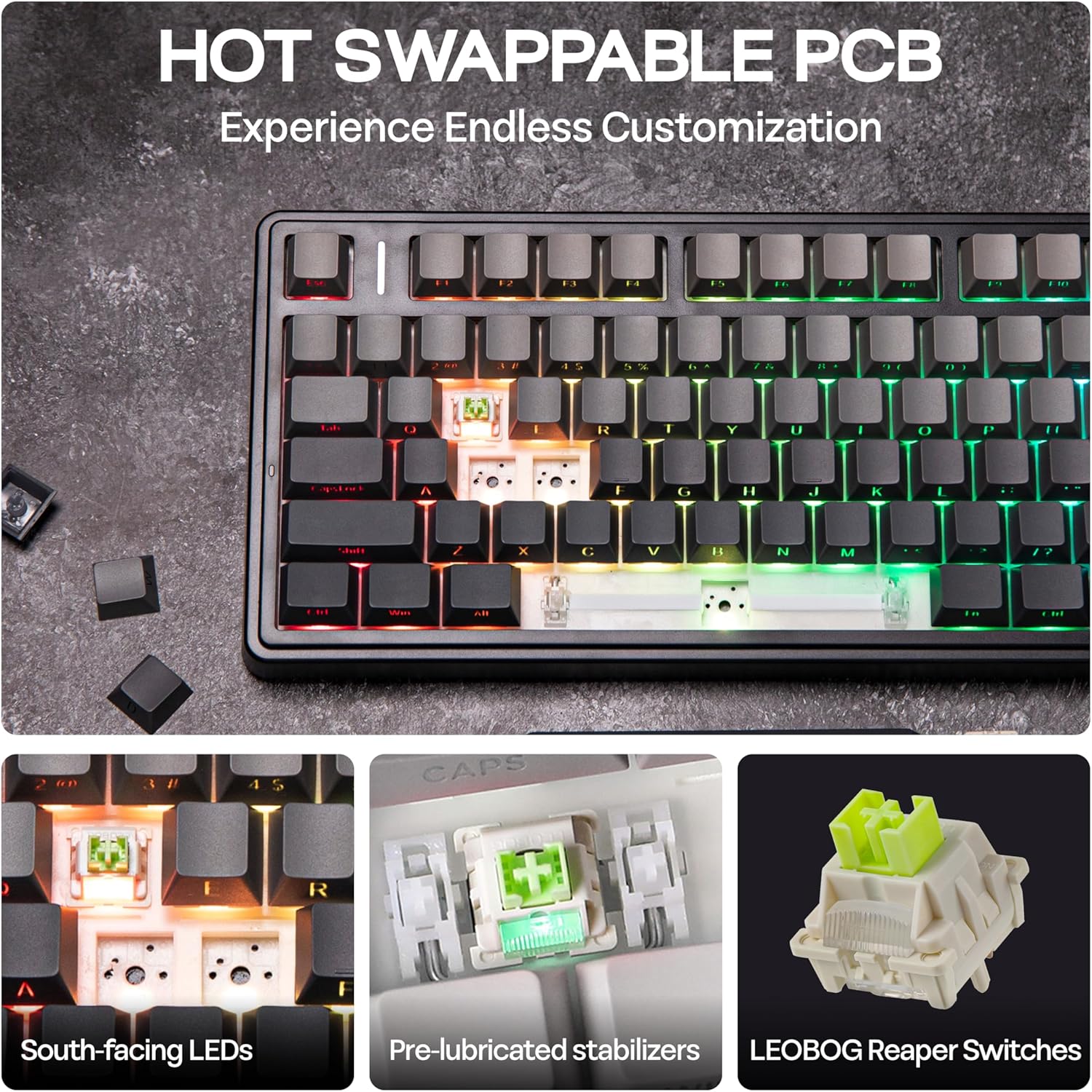 MechLands Aula F75 PRO 75% Wireless Gaming Keyboard, Gasket Mechanical Custom Keyboard with Five-Layer Padding, BT/2.4GHz/USB-C, Hot Swappable, Knob, RGB, Reaper Switches (Gradient Black) - Image 6