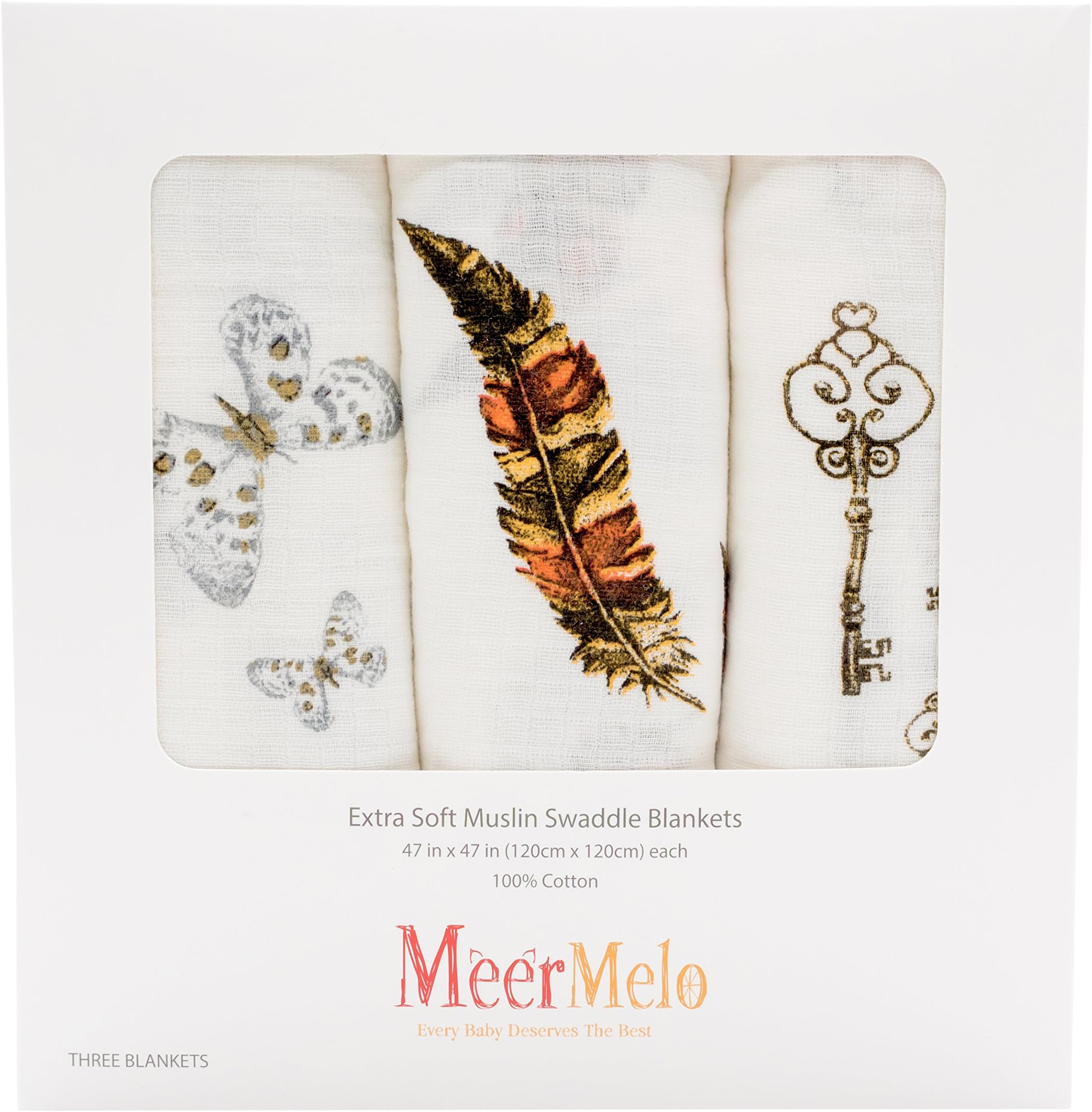 MeerMelo Organic Cotton Muslin Swaddle Blankets Set | 47 x 47 Extra Soft | Unisex Muslin Swaddle Blankets with Beautiful Watercolor Prints | Use for Carseats, Strollers, Nursing, Swaddling