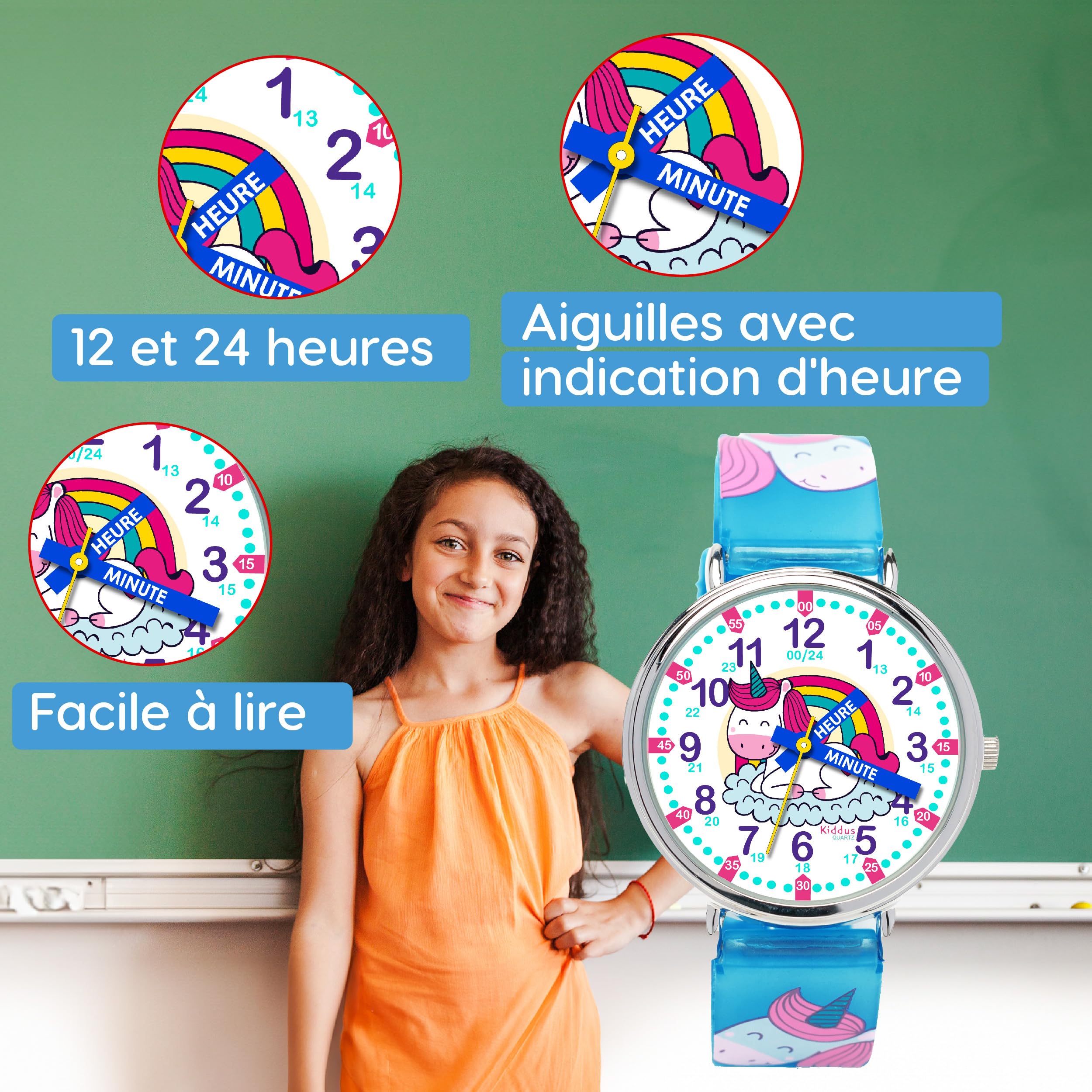 Kiddus Orologio Educativo per Bambino e Bambina dai 5 ai 10 Anni, Orologio Analogico Didattico per Imparare l'Ora, Movimento Giapponese