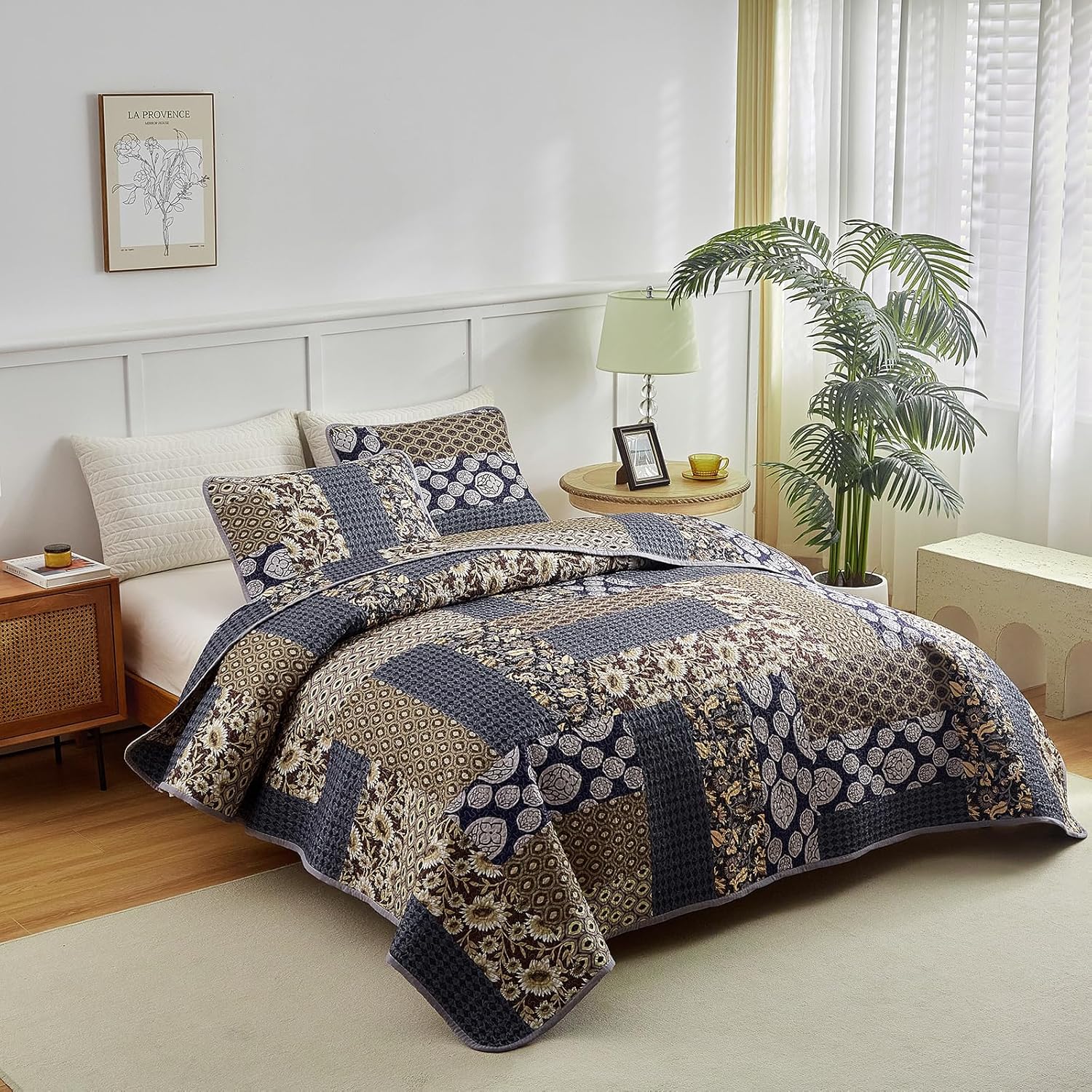 3 Pieces Patchwork Quilt Set Full/Queen Size, Khaki Blue Farmhouse Bedspread Coverlet Set, Soft Microfiber Reversible Lightweight Bed Cover for All Season (90" x 90", 1 Quilt+ 2 Pillow Shams) - Image 2