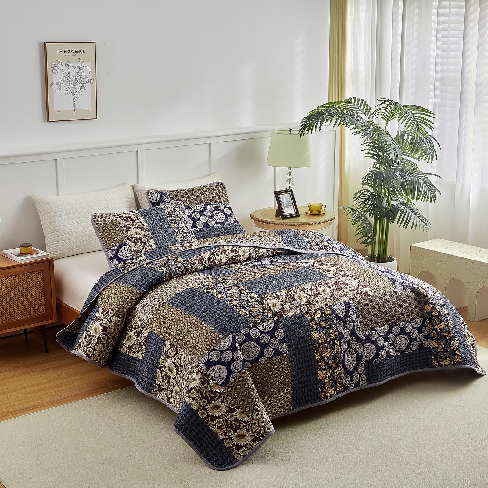 2 Pieces Patchwork Quilt Set Twin Size, Khaki Blue Floral Farmhouse Bedspread Coverlet Set, Soft Microfiber Reversible Lightweight Bed Cover for Kids (68