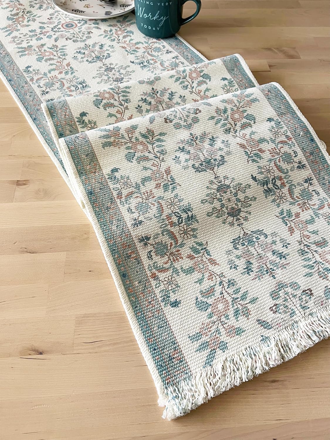 Fennco Styles Green Floral Print Tassel Cotton Blend Woven Table Runner 14" W x 71" L - Unique Botanical Design Table Cover for Home Décor, Dining Table, Banquets, Family Gathering and Special Events