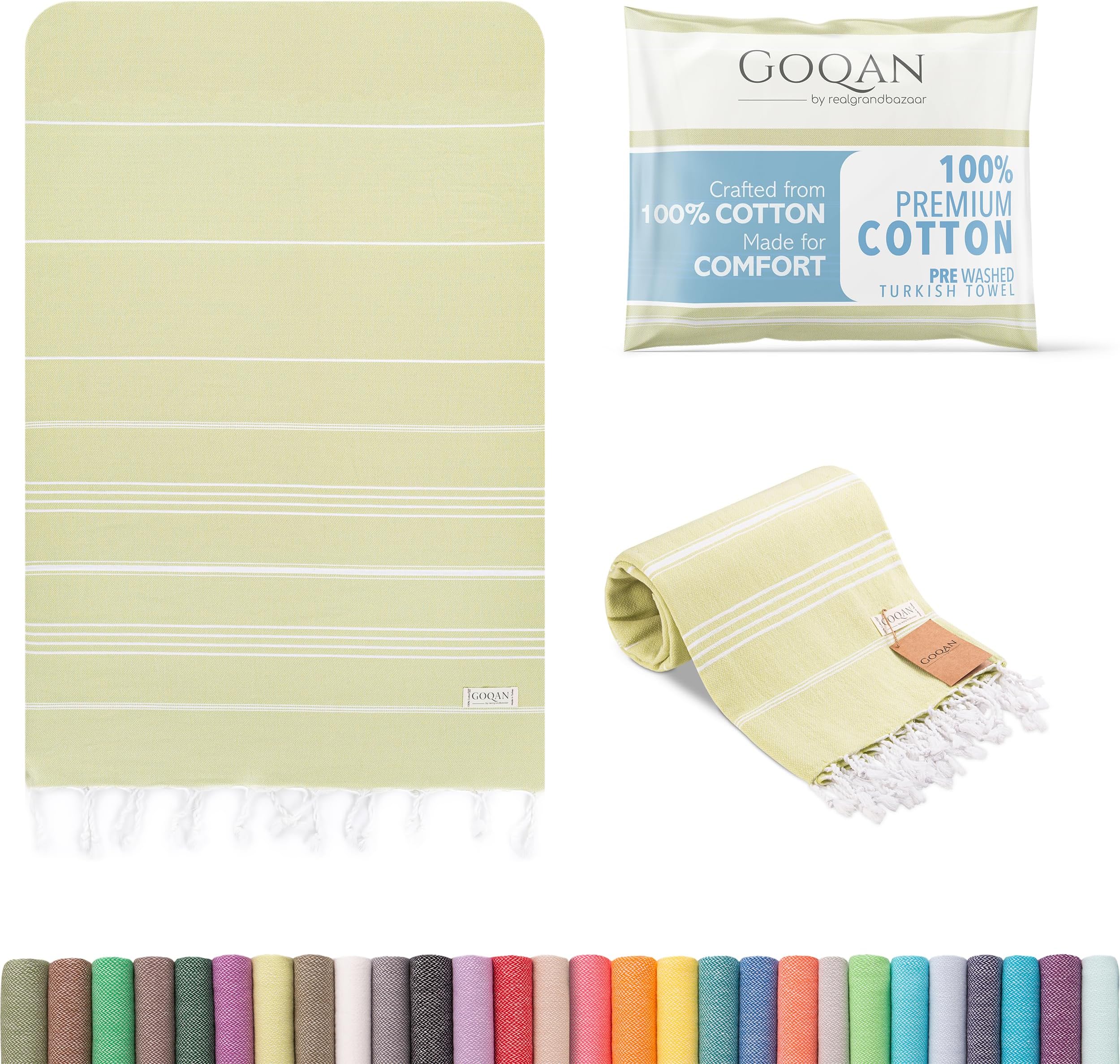 GOQAN Turkish Beach Towel Oversized 39x71 | Thin, Lightweight, 100% Cotton and Sand Free Towel is Suitable for Beach, Bathroom, Pool, Travel & Swim - Pistachio