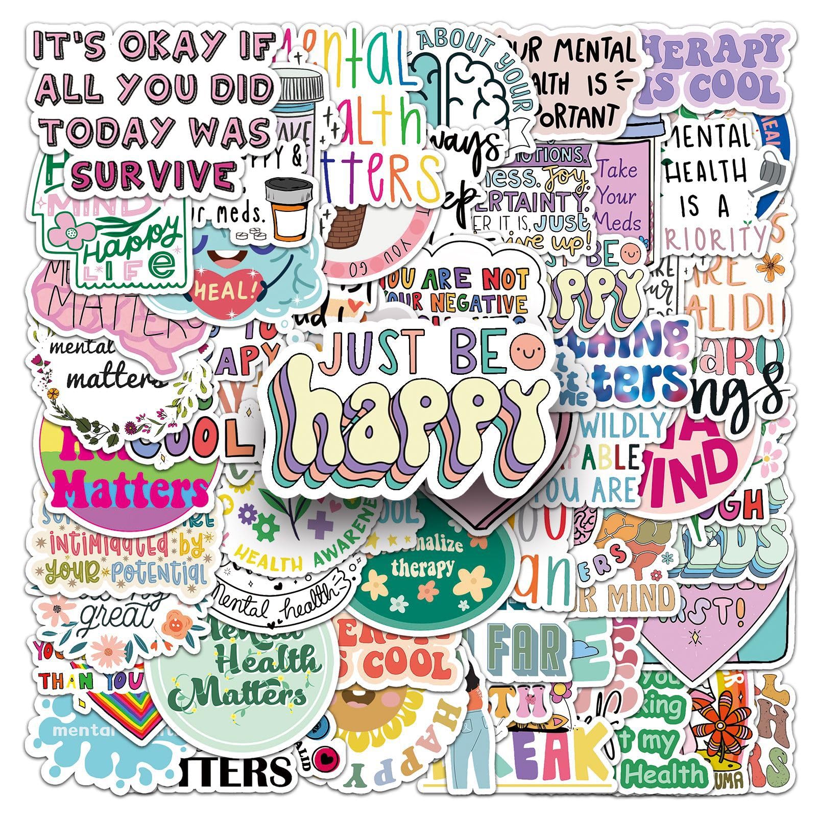 100PCS Mental Health Stickers for Teens Kids Adults,Mental Health Awareness Sticker for Water Bottles Laptops Journals Bumper Guitar Scrapbook Therapist Office Helmet Phone Car Luggage