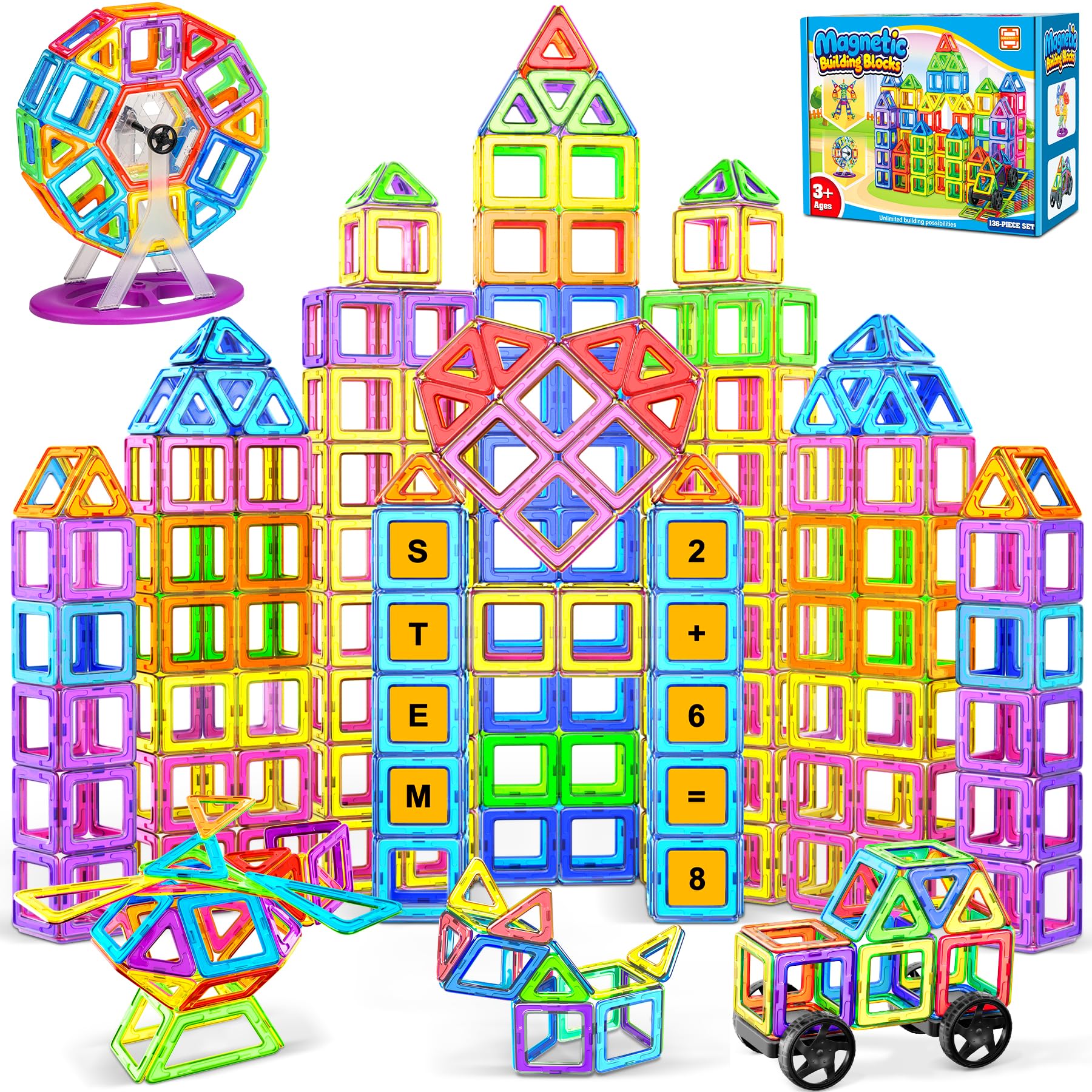 COOLJOYA Magnetische Bausteine 136 Teile, Magnetspiel STEM Magnetbausteine, Montessori Spielzeug ab 3 Jahre, Magnete Kinder ab 3 4 5 6 7 Jahren, Ostern Geschenk für Kinder Jungen Mädchen