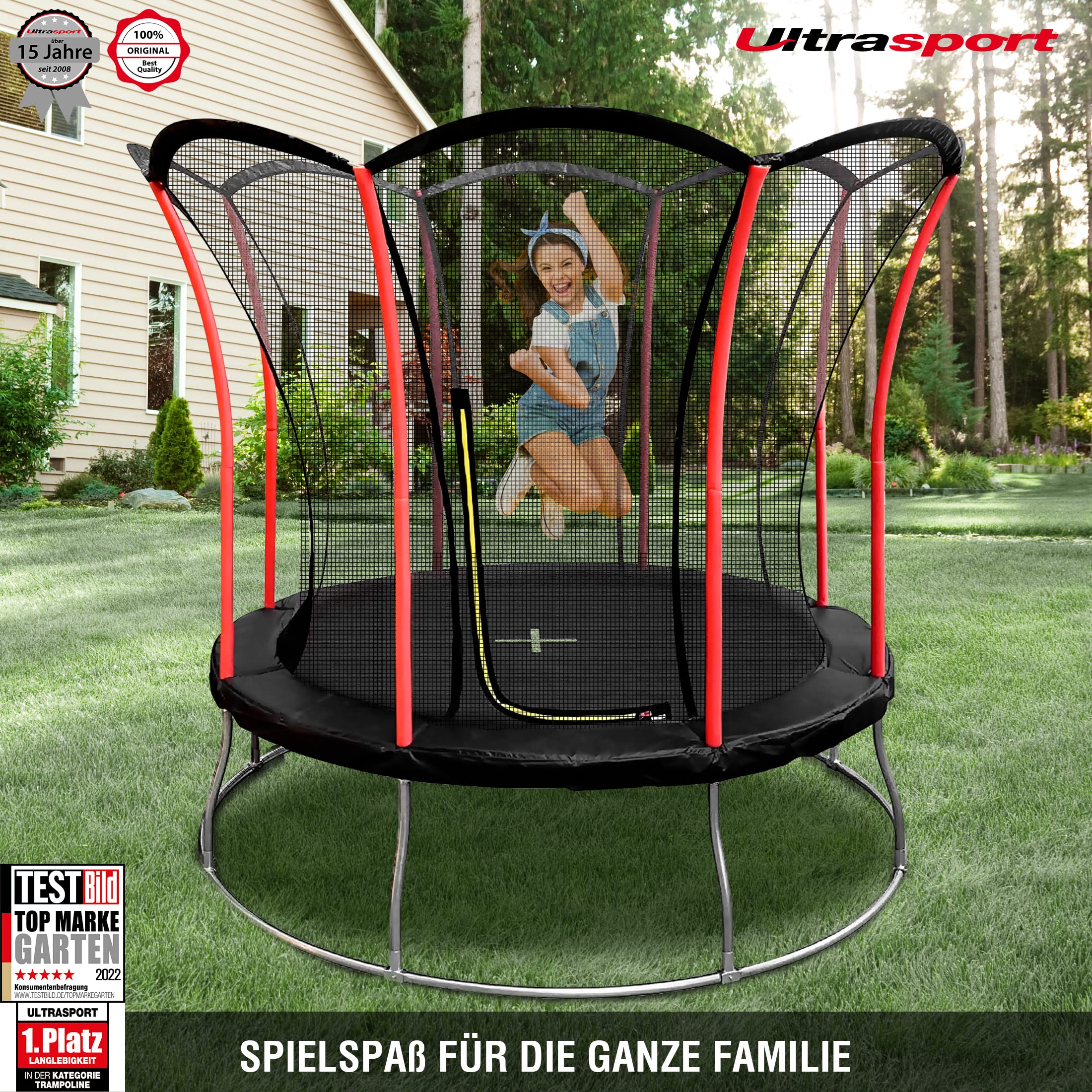Ultrasport Lotus Gartentrampolin, Outdoor-Trampolin in 4 Durchmessern, galvanisch verzinkter Rahmen, Kindertrampolin mit toller Sicherheitsausstattung, ø