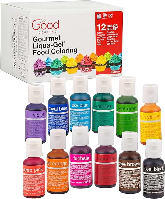 Food Coloring Liqua-Gel 12 PK (9 oz, 264 mL) - 12 Bold Primary Color Kit in .75 fl. oz (22mL) Bottles - for Baking, Decora...