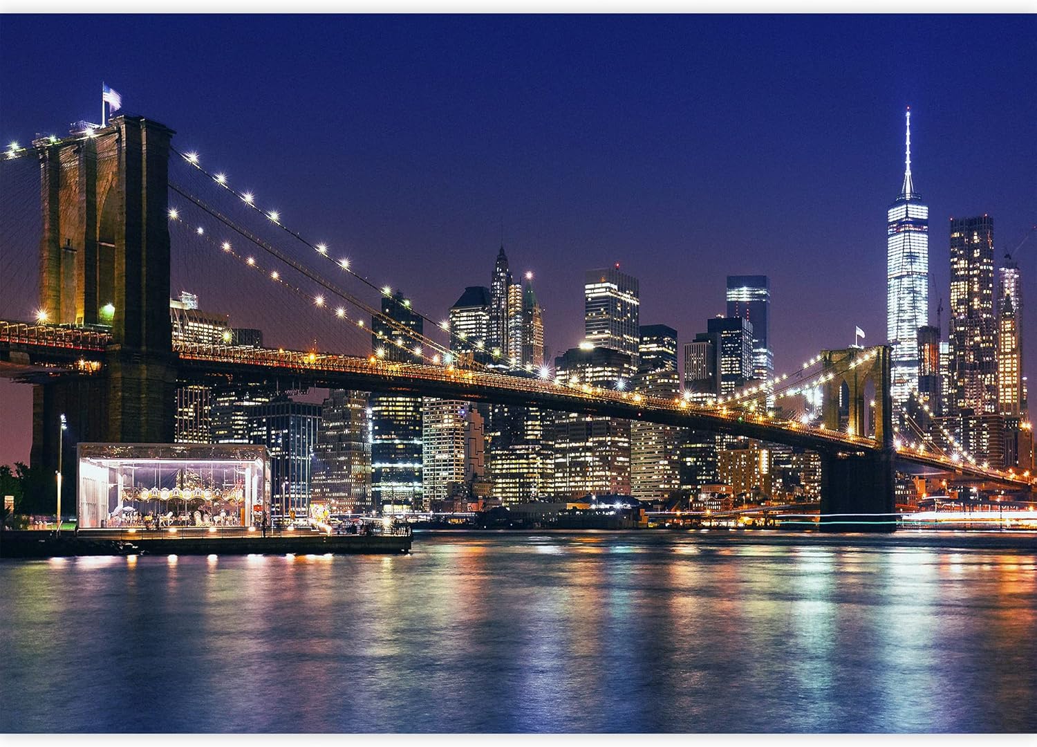 wall26 Removable Wall Sticker/Wall Mural Brooklyn Bridge Harbor Neon Lights Cityscape Landmarks Photography Realism Urban Landscape Colorful for Living Room, Bedroom, Office - 100x144 inches