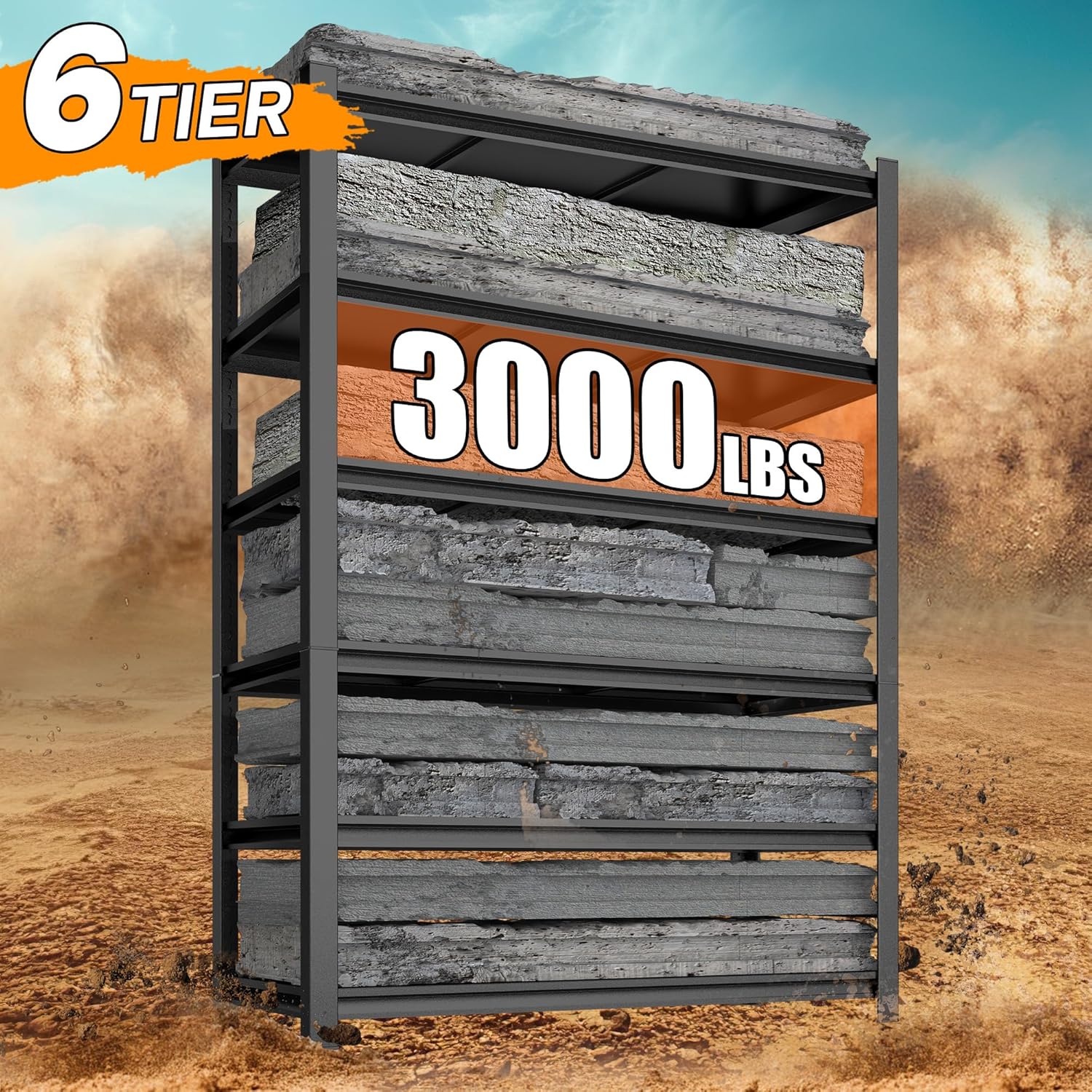 45.3" W 6 Tier Industrial Shelving, 3000LBS Capacity Heavy Duty Garage Storage Rack, Tall Adjustable Metal Shelves for Warehouse, Garage Organization, 45.3" W x 18" D x 78" H