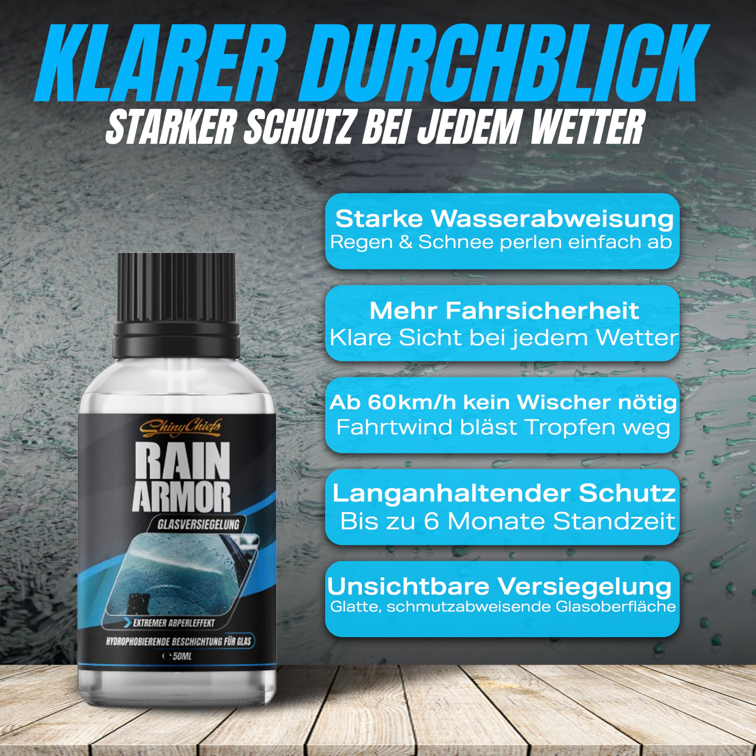 ShinyChiefs RAIN AMOR Set - Autoscheiben-Versiegelung mit hydrophobem Schutz - Lässt Regen und Schnee abperlen - Langer Halt, Glasversiegelung bis zu 2 Monate, 50ml, Microfasertuch & Applikatorpad