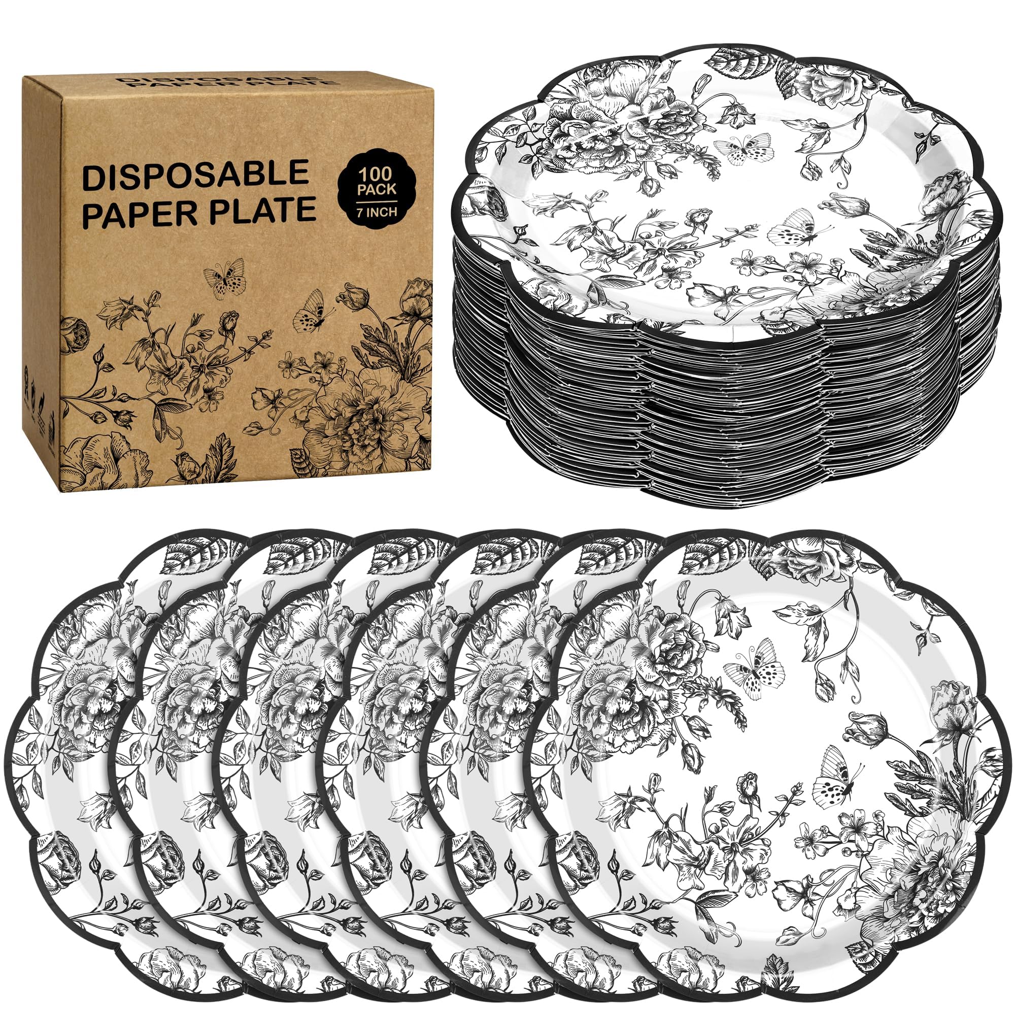 Photo 1 of Kochorie 100 Pieces Black Flower Paper Plates 7 Inches Disposable Floral Paper Plates Scalloped Black Chinoiserie Vintage Flower Dessert Plate for Wedding Birthday Holiday Party Decor Supplies