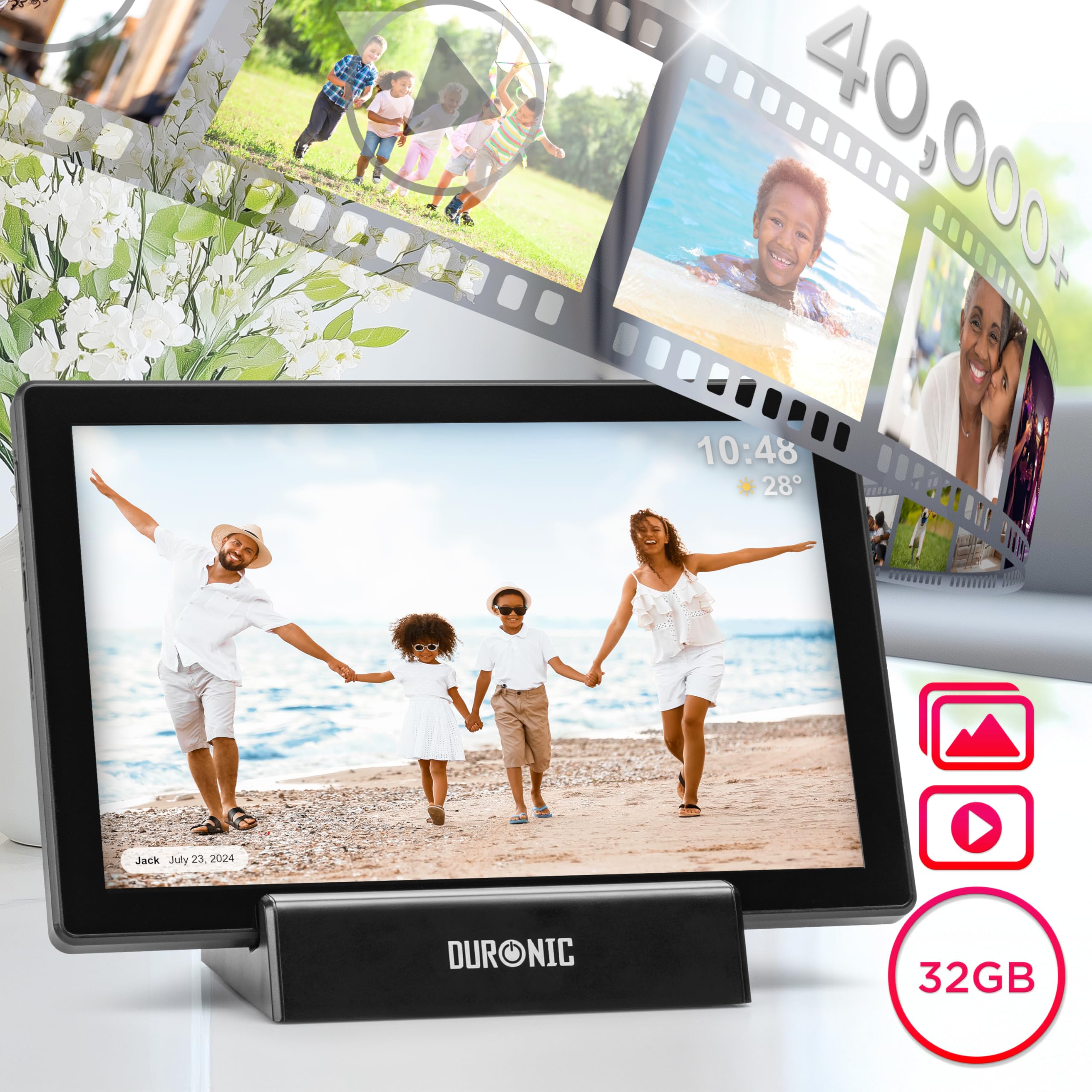 Duronic PF1D BK Cornice Digitale da 10,1 pollici Wi-Fi, Touch Screen IPS 1280x800, Memoria 32GB, USB-C, Stand Ricarica, Frameo App – Cornice Foto Elettronica Nero per Condivisione Immagini