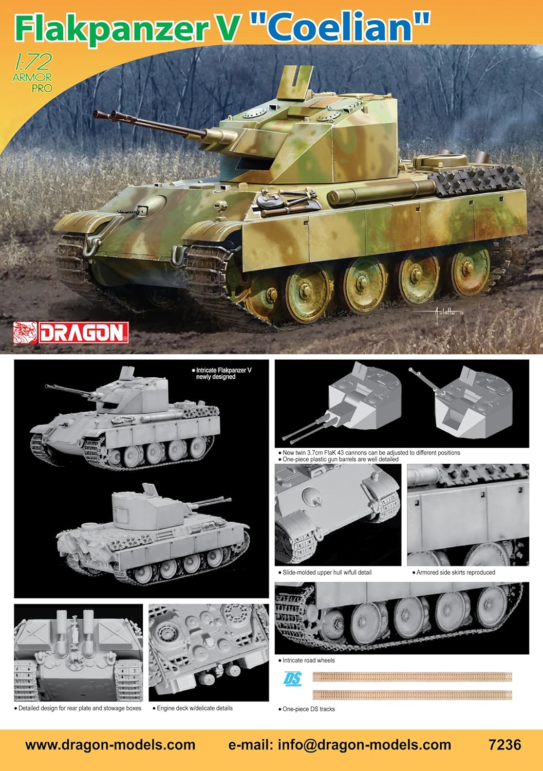 Dragon Models Flakpanzer V Coelian Armor Pro Series Tank Model Building Kit, 1:72 Scale