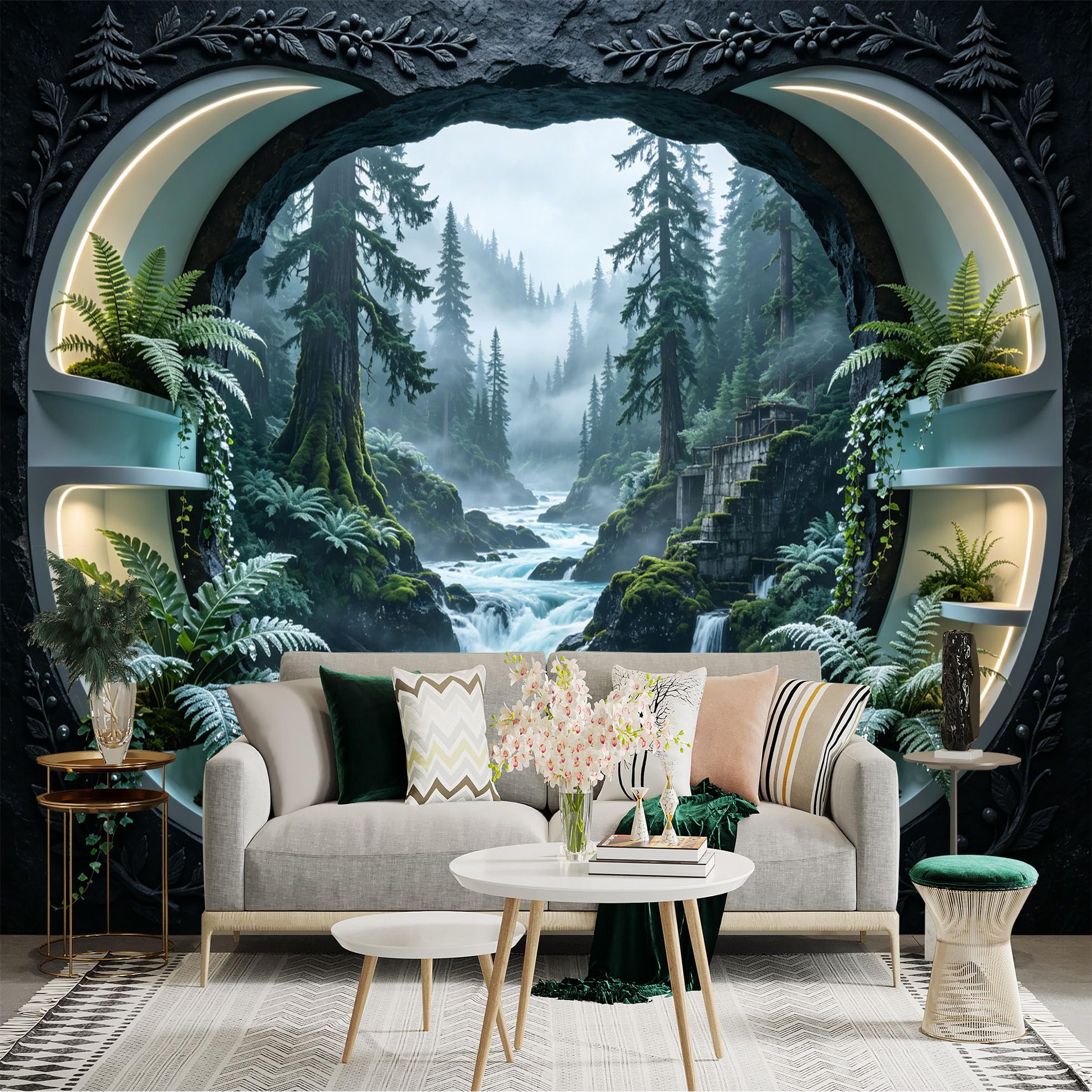 Custom Size Wall Sticker Mural， Mystic Forest Waterfall with Lush Ferns and River Stream， for wall Decoration， peelandstick wall Decals.