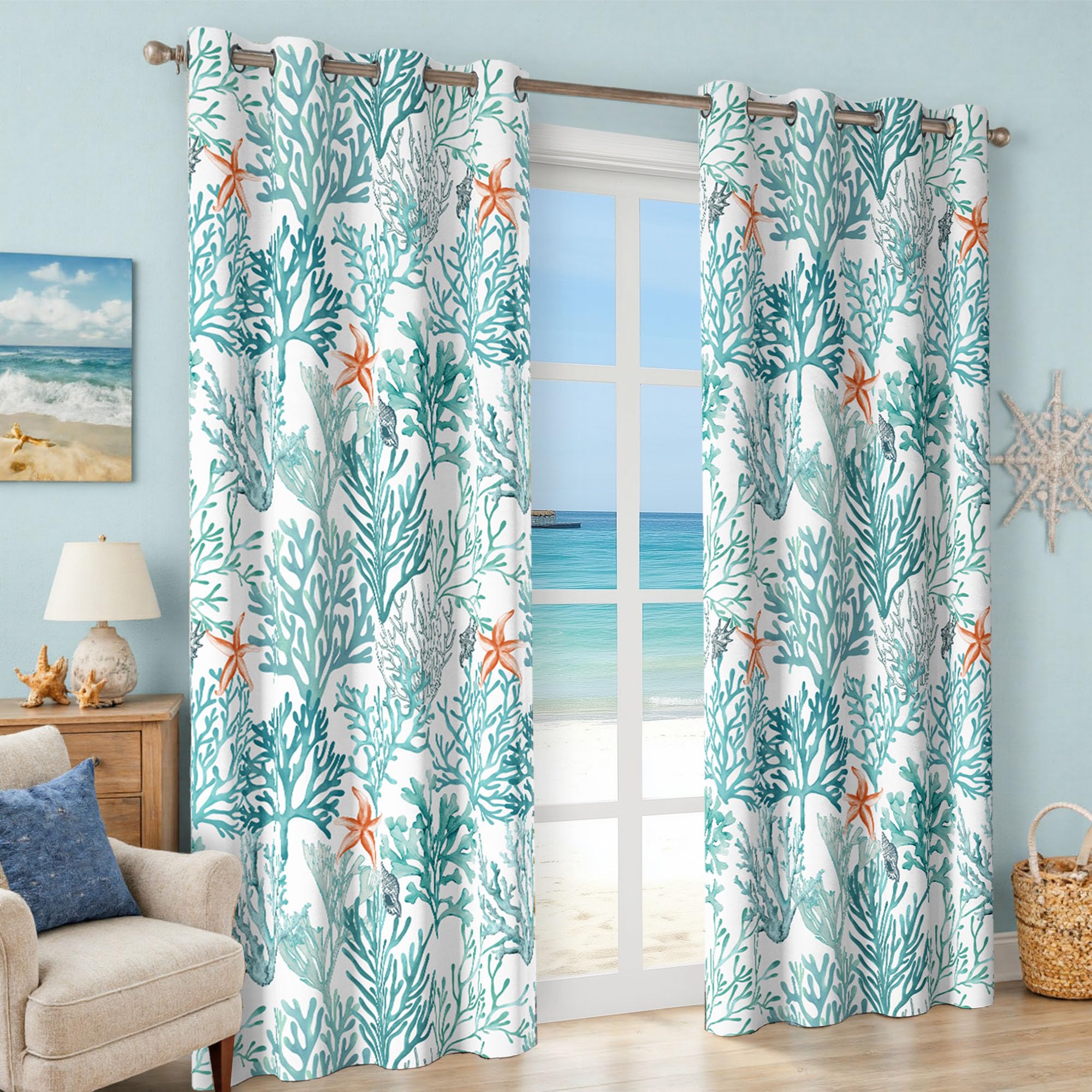 Tende nautiche costiere con occhielli, a tema spiaggia corallo, isolamento termico, 50% blocco della luce, oscuranti, per soggiorno, camera da letto, set di 2 pannelli, 132 x 213 cm, turchese