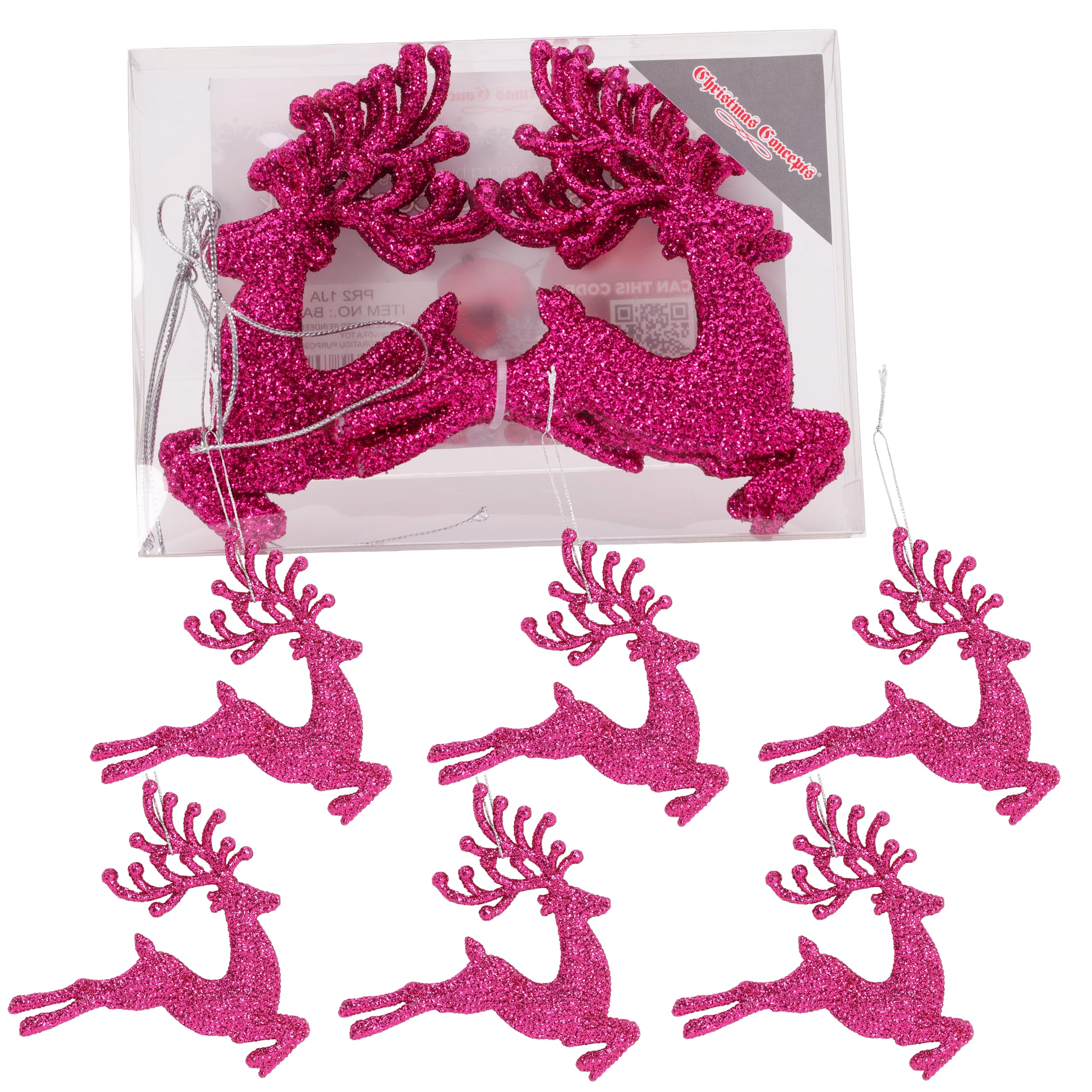 Christmas Concepts Hot Pink Christmas Concepts®- 100Mm (4") Pack Of 6 Glittery Reindeer Baubles - Christmas Tree Decorations (Hot Pink)
