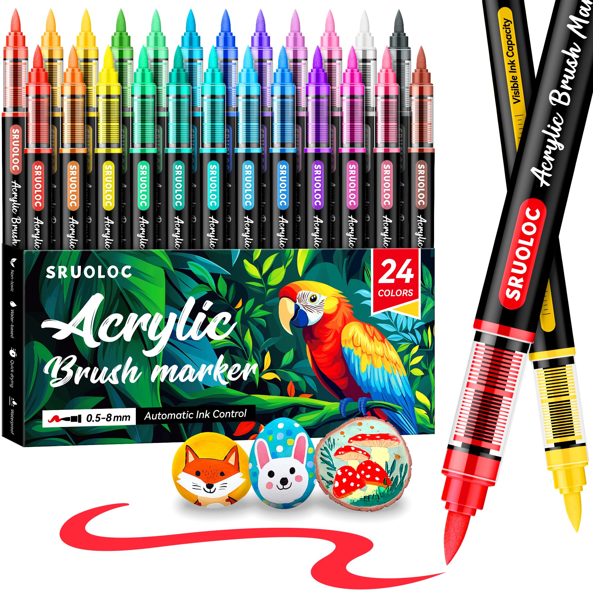 SRUOLOC 24 Colors Acrylic Paint Markers, Brush Tip Automatic Ink Control Acrylic Paint Pe…
