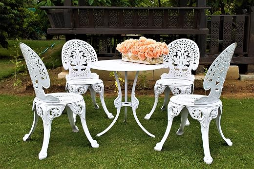 Art &amp; Abode Regalia Series Cast Aluminium Furniture Set Includes 1 Round Coffee Table &amp; 4 Bistro Chairs for Garden, Balcon...