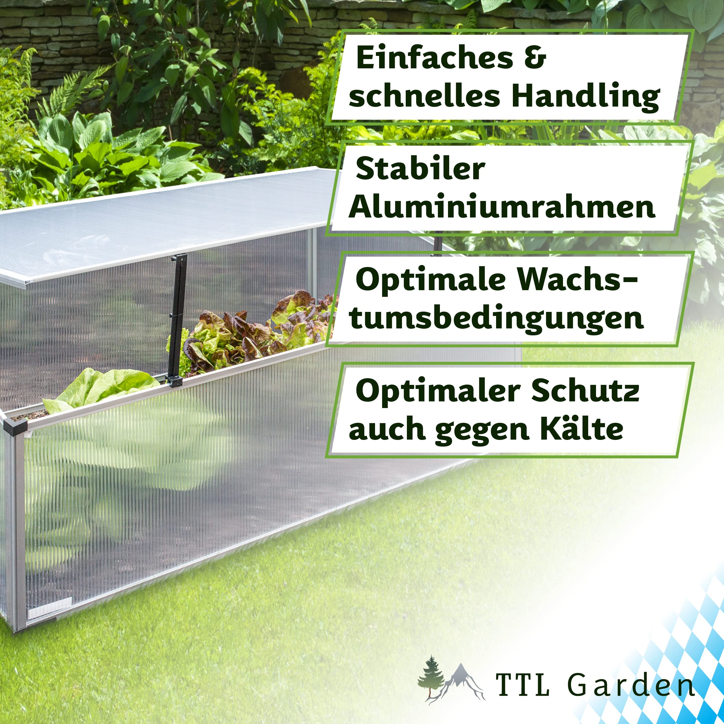 TTL GARDEN Frühbeet Aufsatz 100x60x40cm Alu & Polycarbonat - Hochbeet Kasten Mini Gewächshaus Frühbeetkasten 100 cm lang 60 cm breit, Wärme & Schutz für Pflanzen im Frühjahr, Deckel einstellbar
