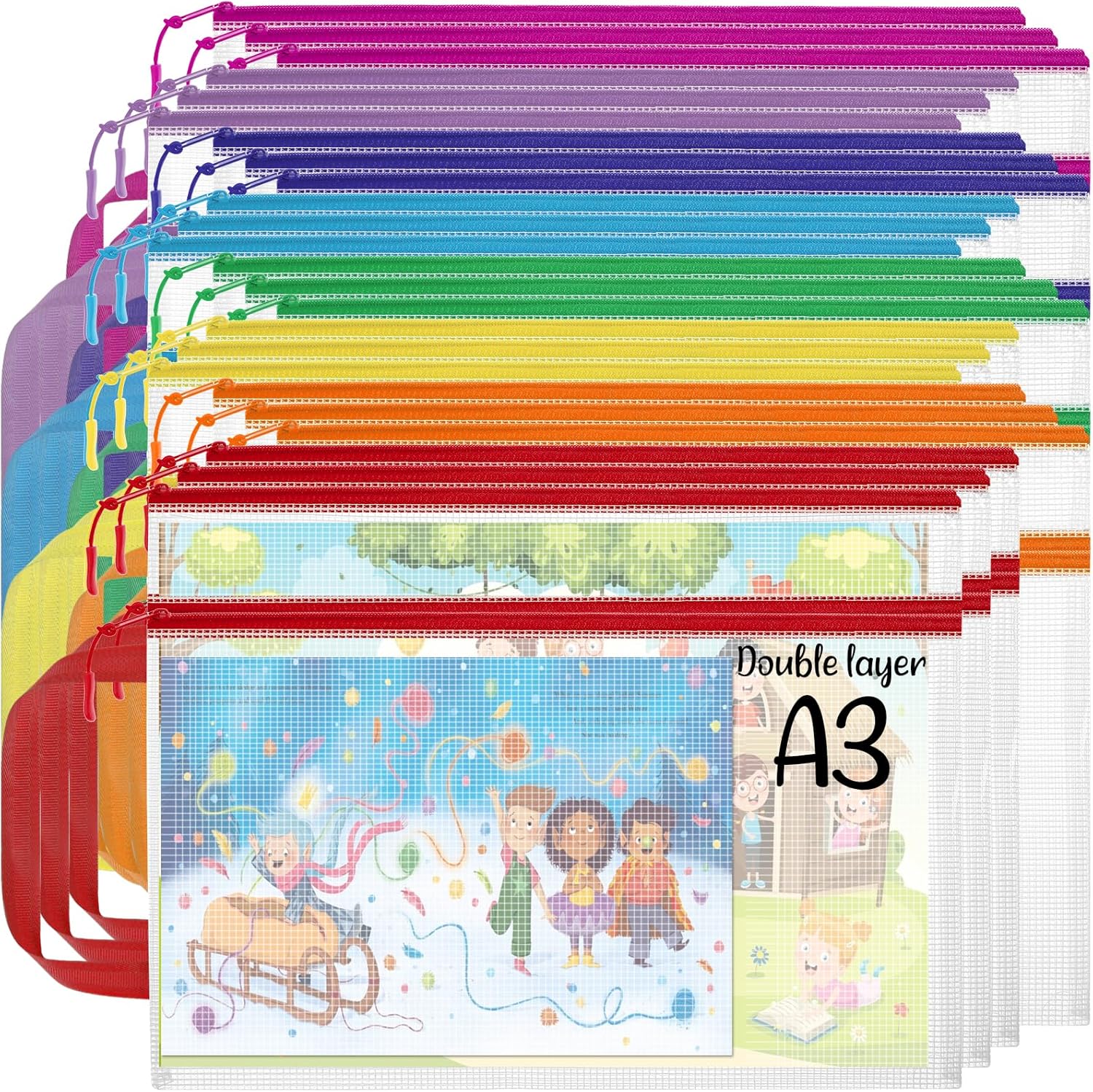 Double Layers Mesh Zipper Pouch Bags A3 (17x12 in, 24 Pcs) 8 Colors Extra Large Zipper Bags, Waterproof File Pouches for Puzzles Board Game Teacher School Classroom Office Supplies Travel Bag