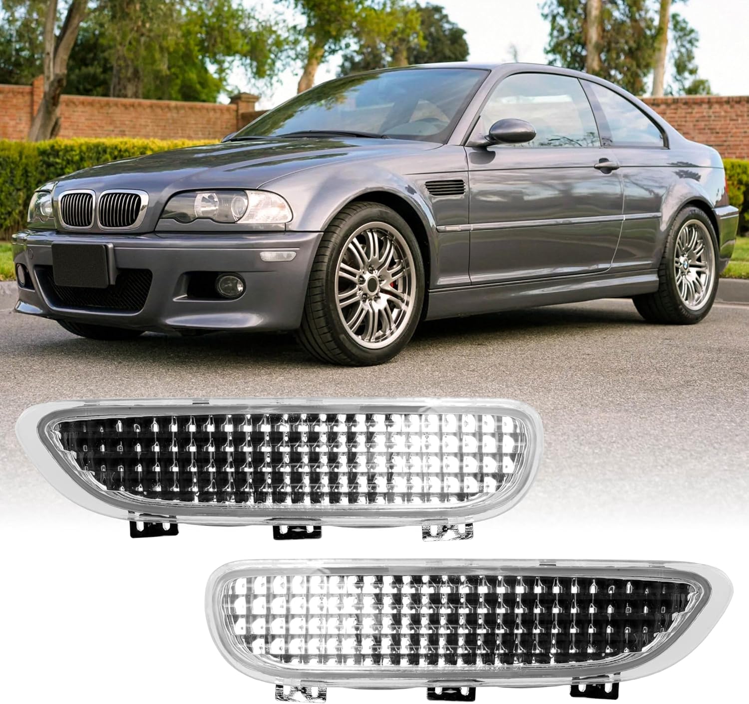 USR 00-03 E46 3 Series 2 Door Side Marker Reflector – Front Bumper Side Reflector (Left + Right) Pair - Compatible with 2000-2003 BMW 3-Series Coupe and Convertible / 2001-2006 E46 M3 2D (CLEAR LENS)