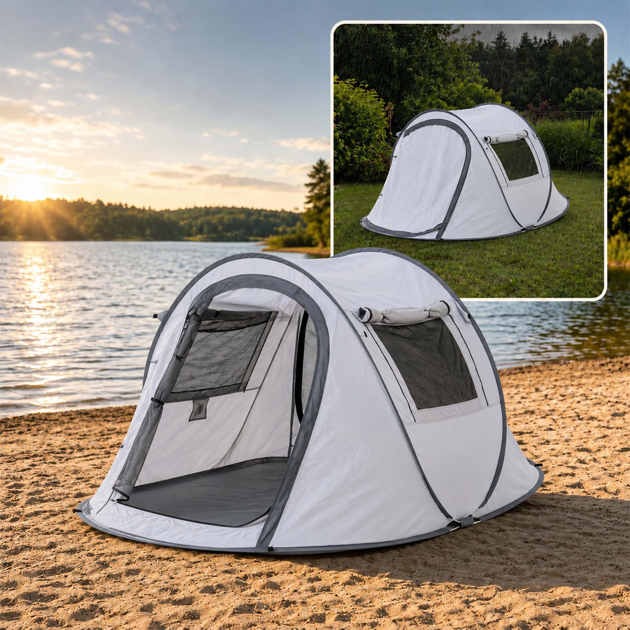 Relaxdays Tente Pop-up, 2-3 Personnes, Protection UV, moustiquaire, Grise | H x L x P : 105 x 245 x 150 cm